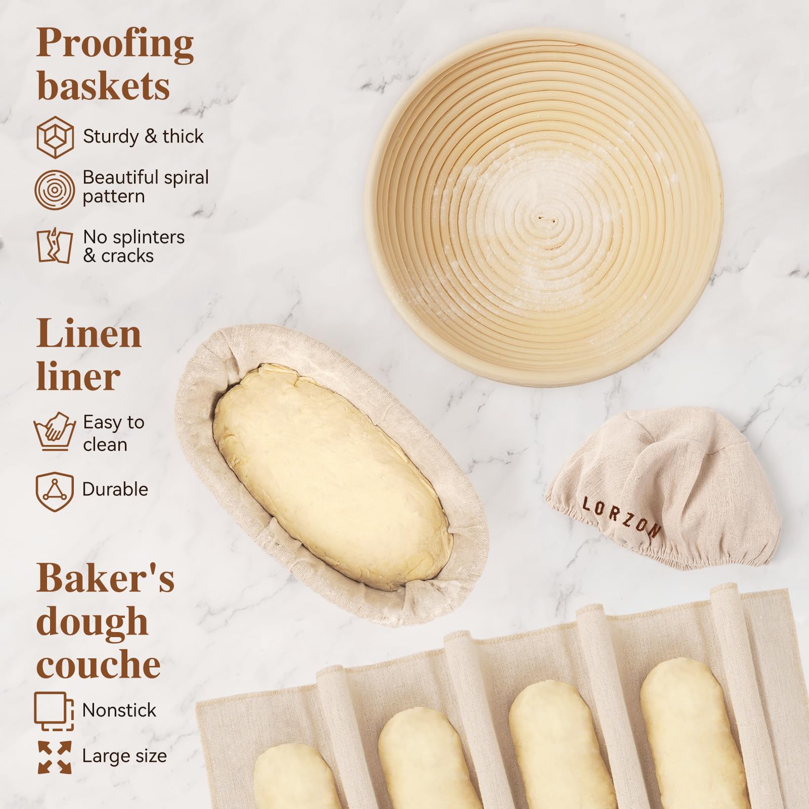 Lorzon Banneton Proofing Basket Set Of 2, 10 Inch Round & Oval Cane Bread Proofing Baskets With Sourdough Bread Baking Supplies,