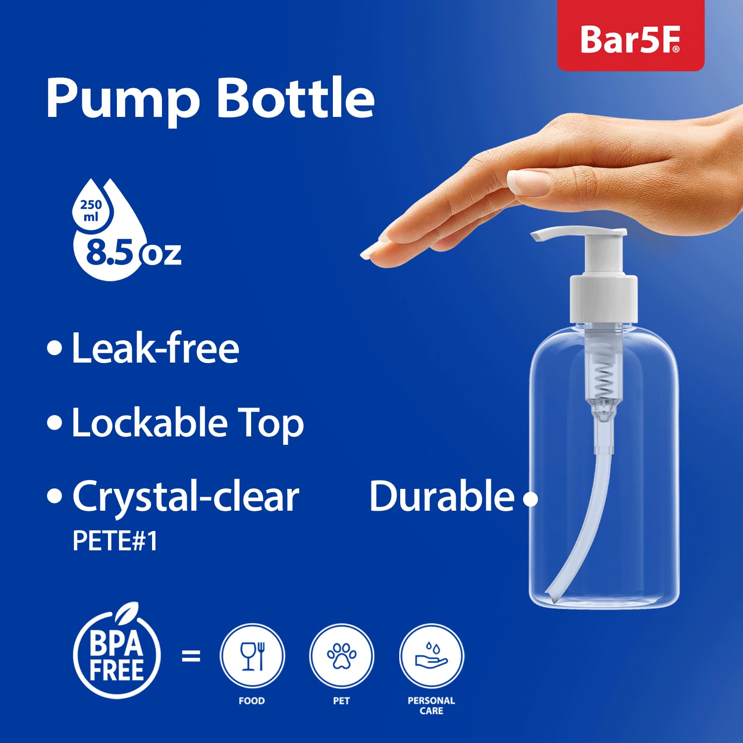 Bar5F 8-Pack Plastic Bottles with Pump Dispenser, 8.5 oz | Leak Proof, Empty, Clear Refillable, BPA Free for Body Wash, Moisturi
