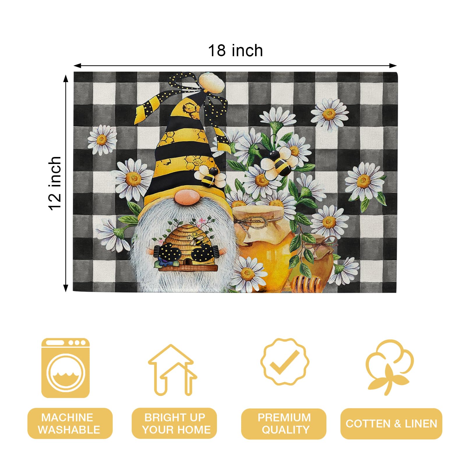 Seliem Spring Bee Gnome Daisy Placemats Set of 4  Honey Black White Buffalo Check Plaid Dining Table Place Mats  Summer Seasonal Farmhouse Kitchen Decor Home Decoration 12 x 18 Inch