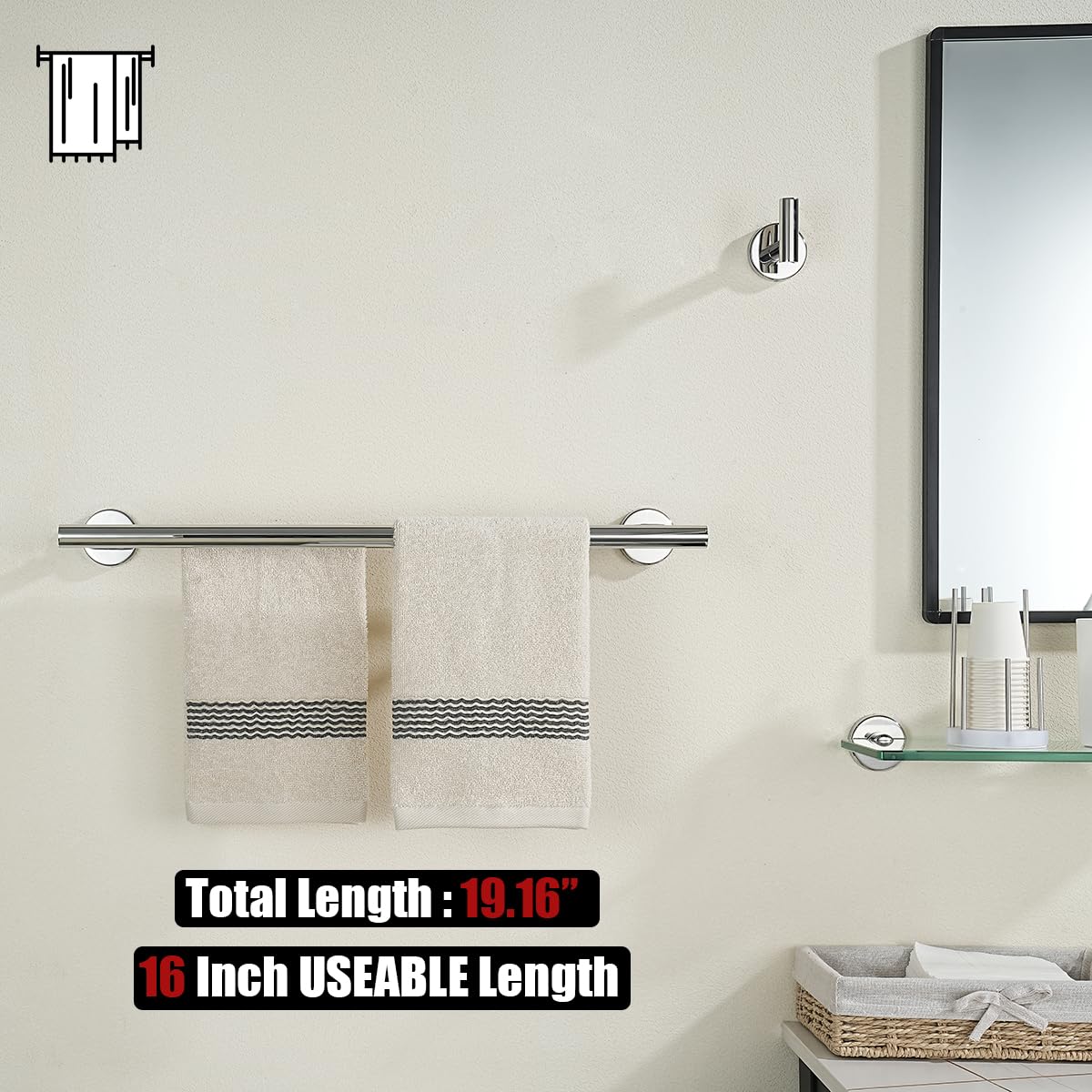 JQK Chrome Double Towel Bar  16 Inch 304 Stainless Steel Thicken 0.8mm Towel Rack Bathroom  Towel Holder Polished Steel Wall Mount  Total Length 19.16 Inch  TB100L16-CH
