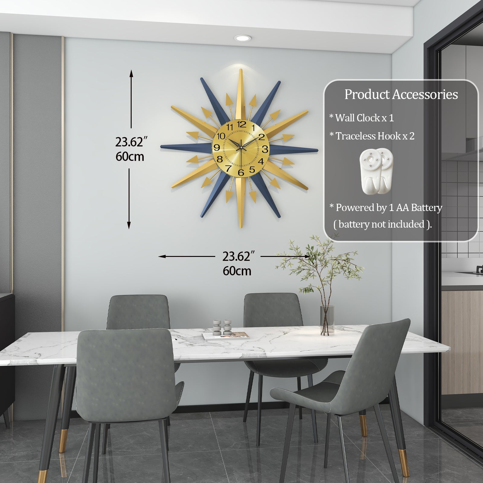 Sunburst Wall Clock Metal Modern Decorative Home Decor