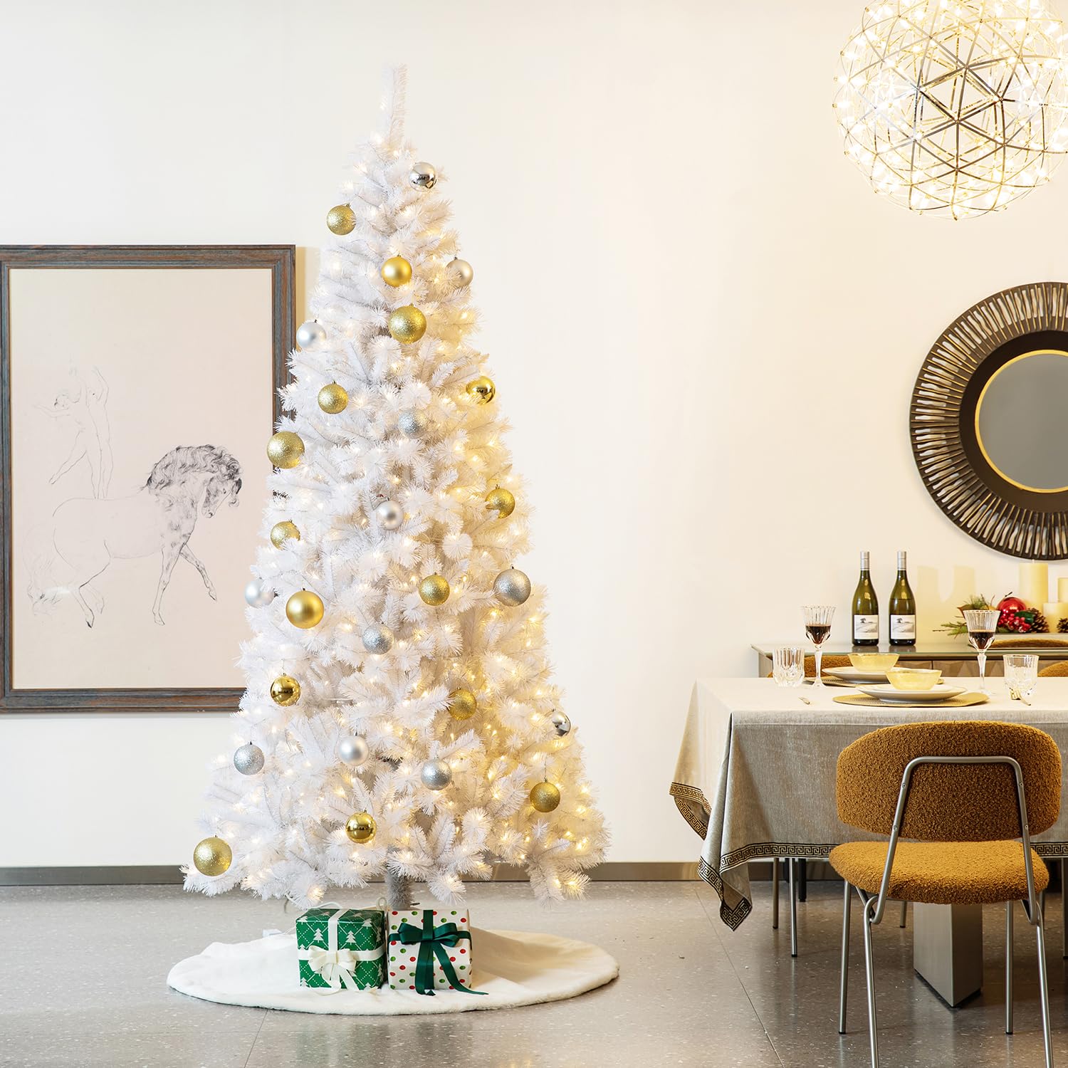 Glitzhome 8ft Pre-Lit Slim Artificial Christmas Tree, Aspen Frostfall Pine Hinged Holiday Xmas Tree with Foldable Metal Stand, 5