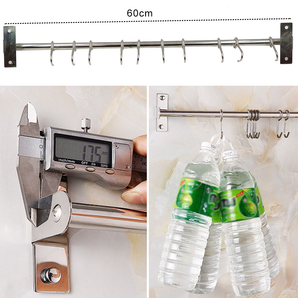 Petilleur Kitchen Sliding Hooks  Stainless Steel Hanging Rack Rail Organize Kitchen Tools with 10 Utensil Removable S Hooks for Towel  Spoon  Coats  Bathrobe  BBQ Wall Mounted Hanger (60CM 10 Hooks)
