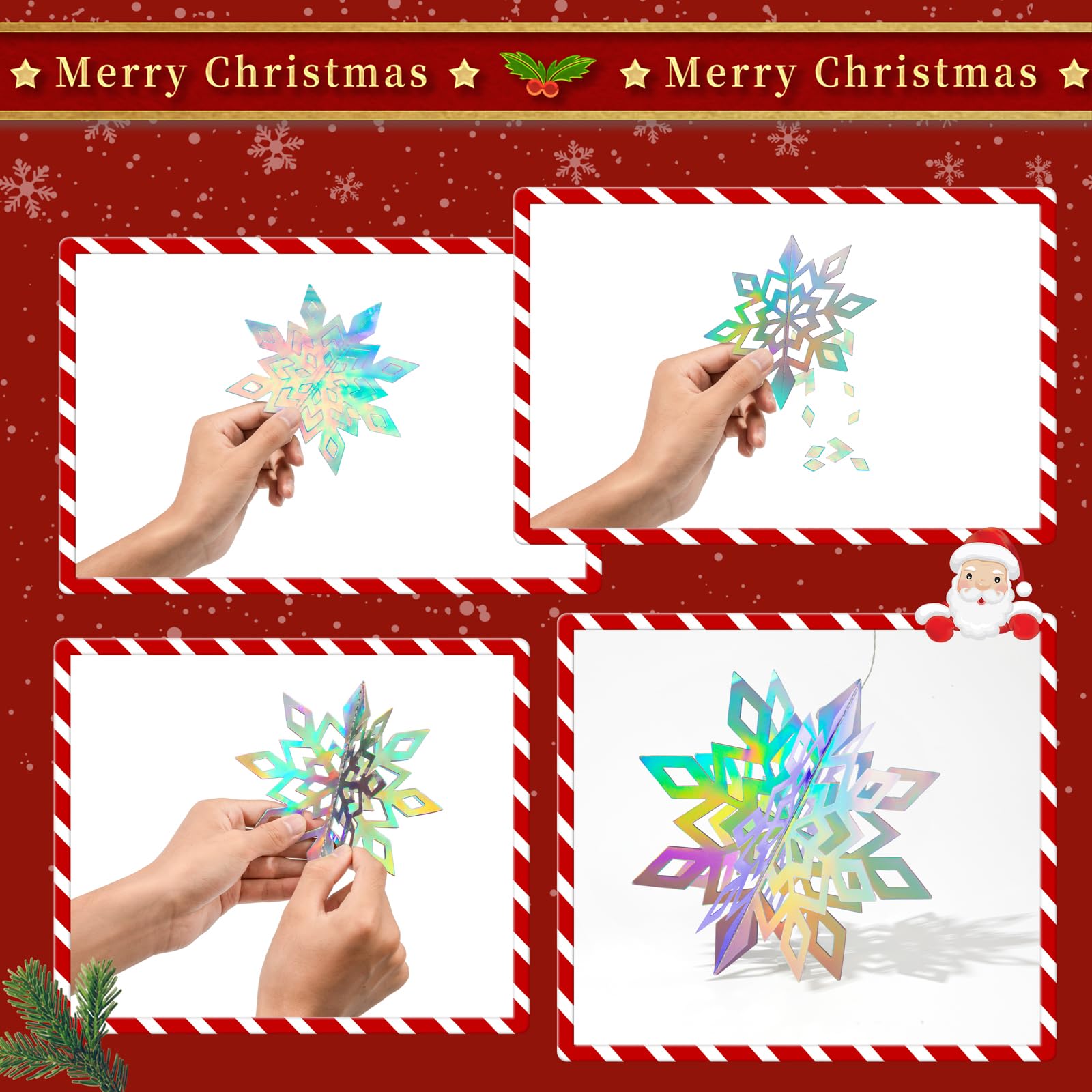 Crafare 18Pcs Christmas Hanging Holographic Snowflake Ornamnets 3D Paper Snowflakes Garland Sparkly 3 Size For Winter Wonderland