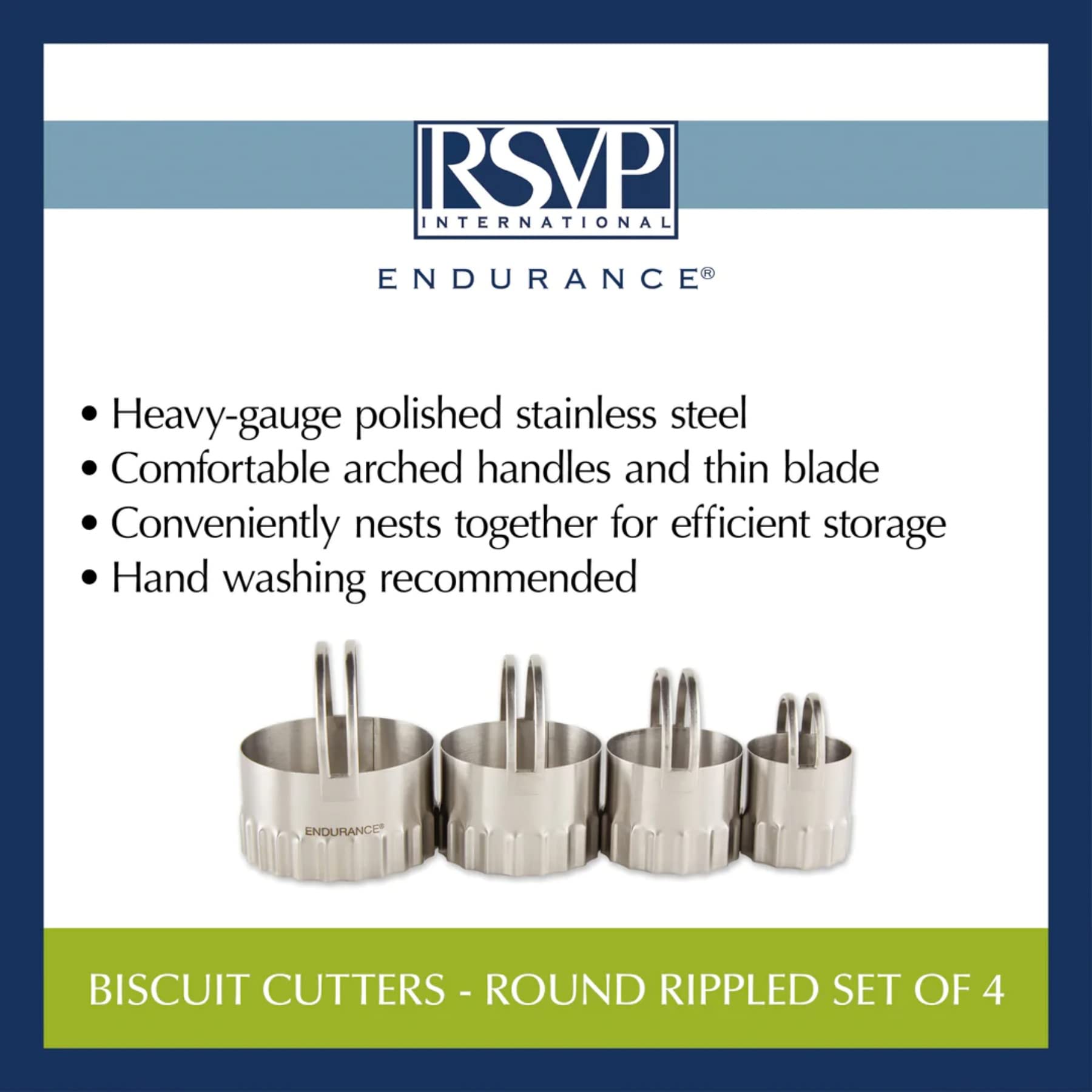 RSVP International Stainless Steel Biscuit Cutters Set of 4 - Round-ribbed, High Handle Arch for Thick or Thin Dough, Model 8006