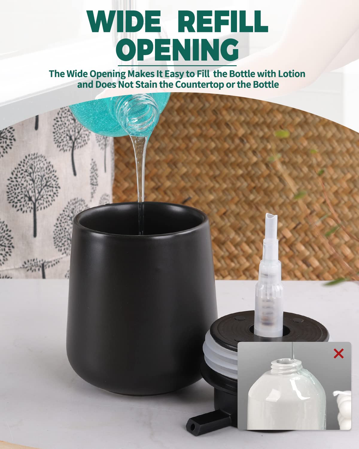 Bosilunlife Black Lotion Dispenser - 12Oz Ceramic Soap Dispenser Bathroom Refillable Liquid Hand Soap Dispenser For Bathroom Kit