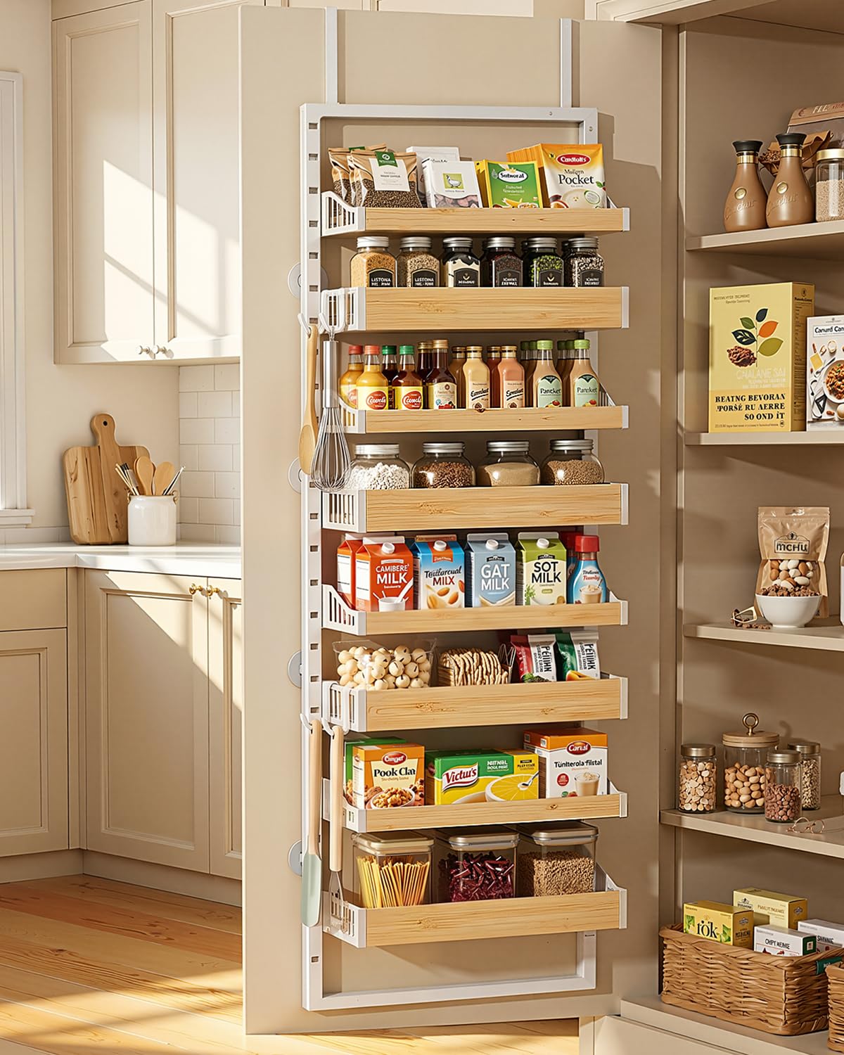 Kssiaz 8 Tier Over The Door Pantry Organizer, Adjustable Basket, Bamboo
