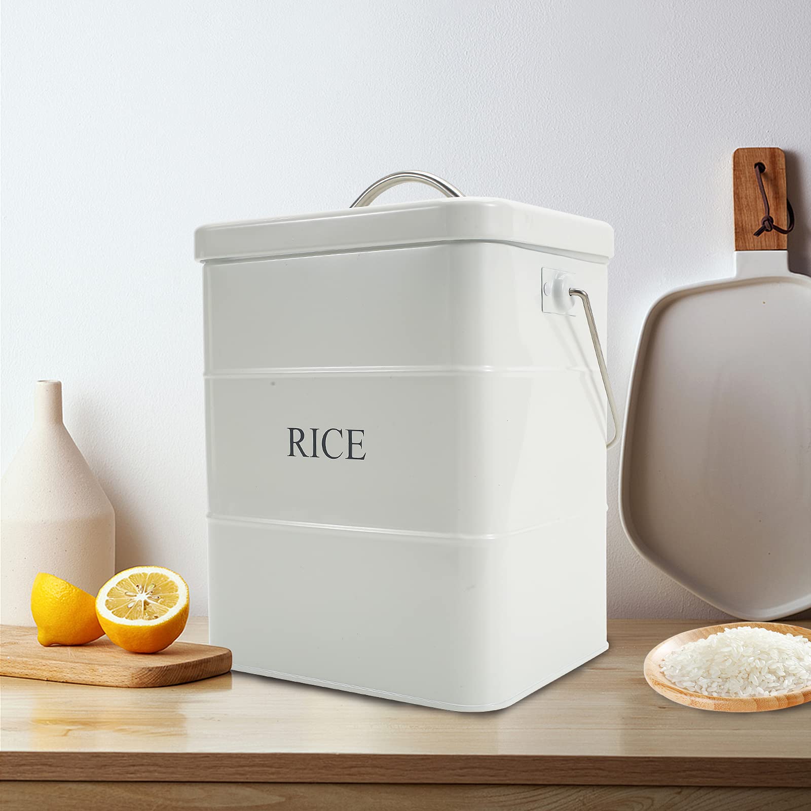 Xbopetda Metal Rice Storage Box  Square Rice Container with Lid and handle  Sealed Food Storage Bin for Kitchen  Countertop Organizer Jar for Rice Flour Soybean Grain Cereal-White