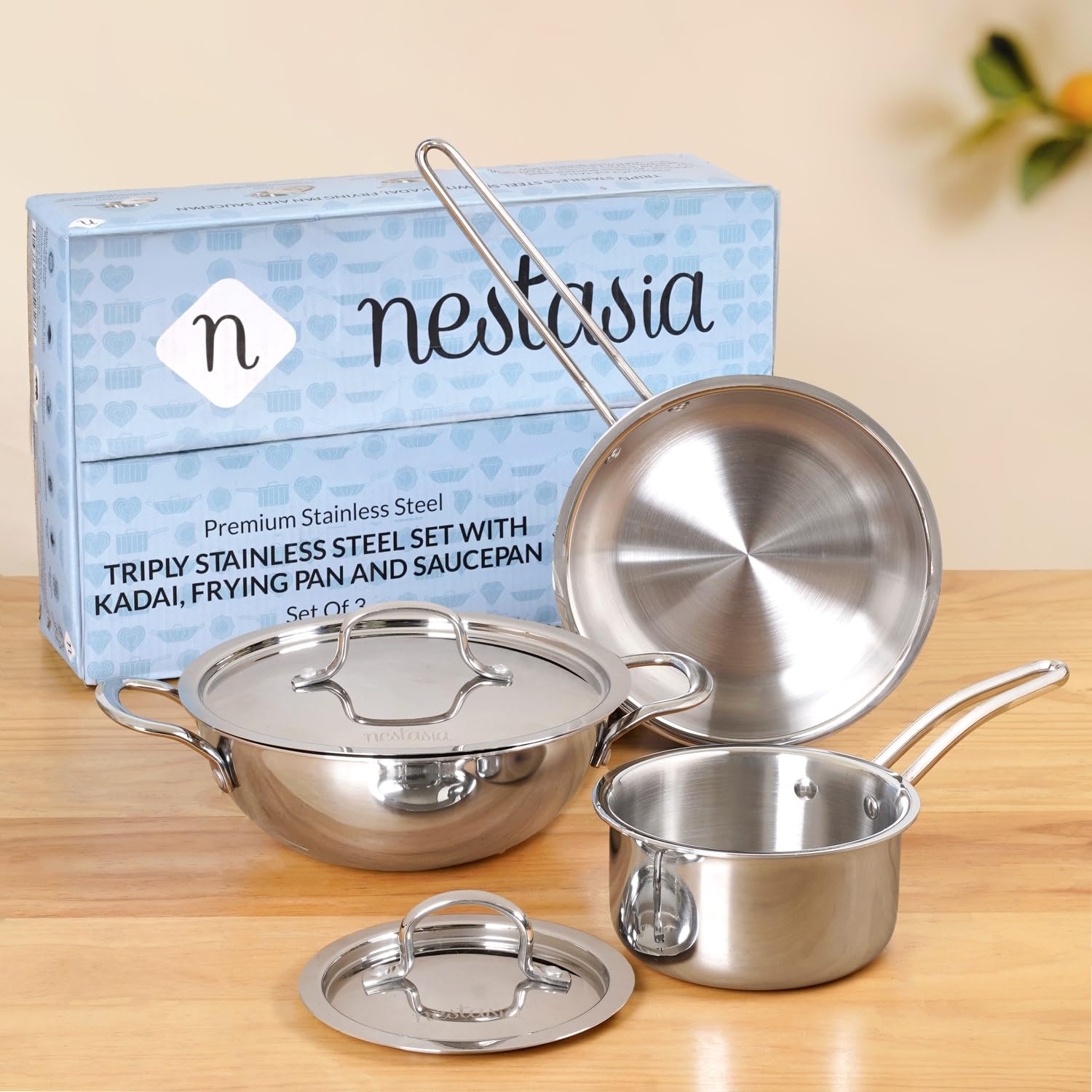 Nestasia Triply Stainless Steel 4 Pc Cookware Set - Saucepan With Lid (16Cm/1.5L) & Kadai With Lid (24Cm/3L) | 100% Food Safe, E