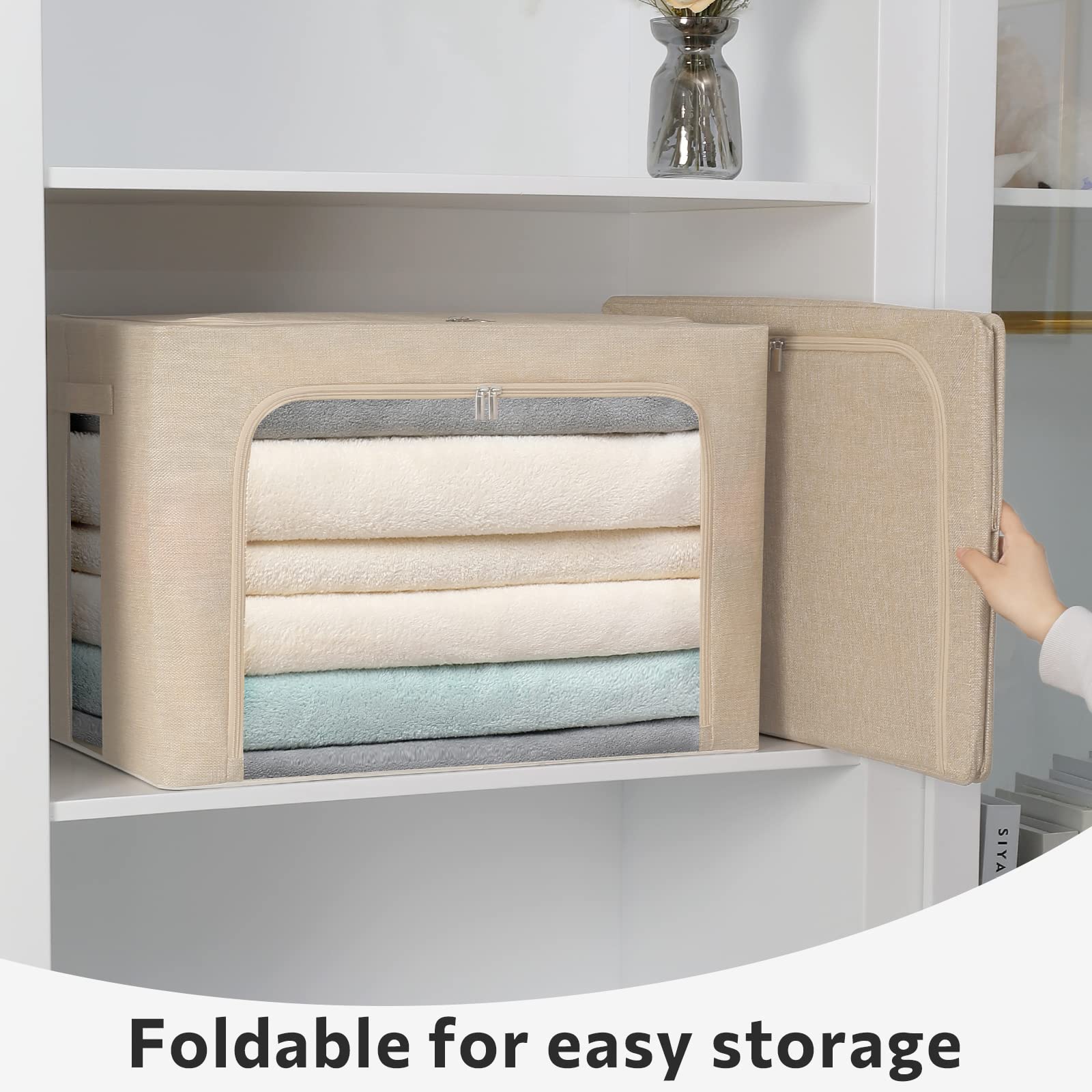 2 Pack Clear Window Storage Bins - Large Foldable Fabric Storage Bins Boxes for Clothes - Stackable Box Organizer Set with Carry