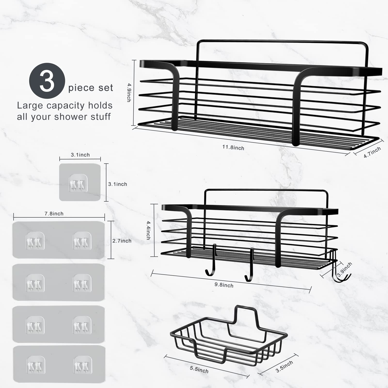 Shower Caddy  Adhesive Shower Organizer with Soap Dish and 4 Hooks  Rustproof Stainless Steel Shower Shelves  Wall Mounted No Drilling Storage Shelf Basket Accessories for Bathroom & Kitchen
