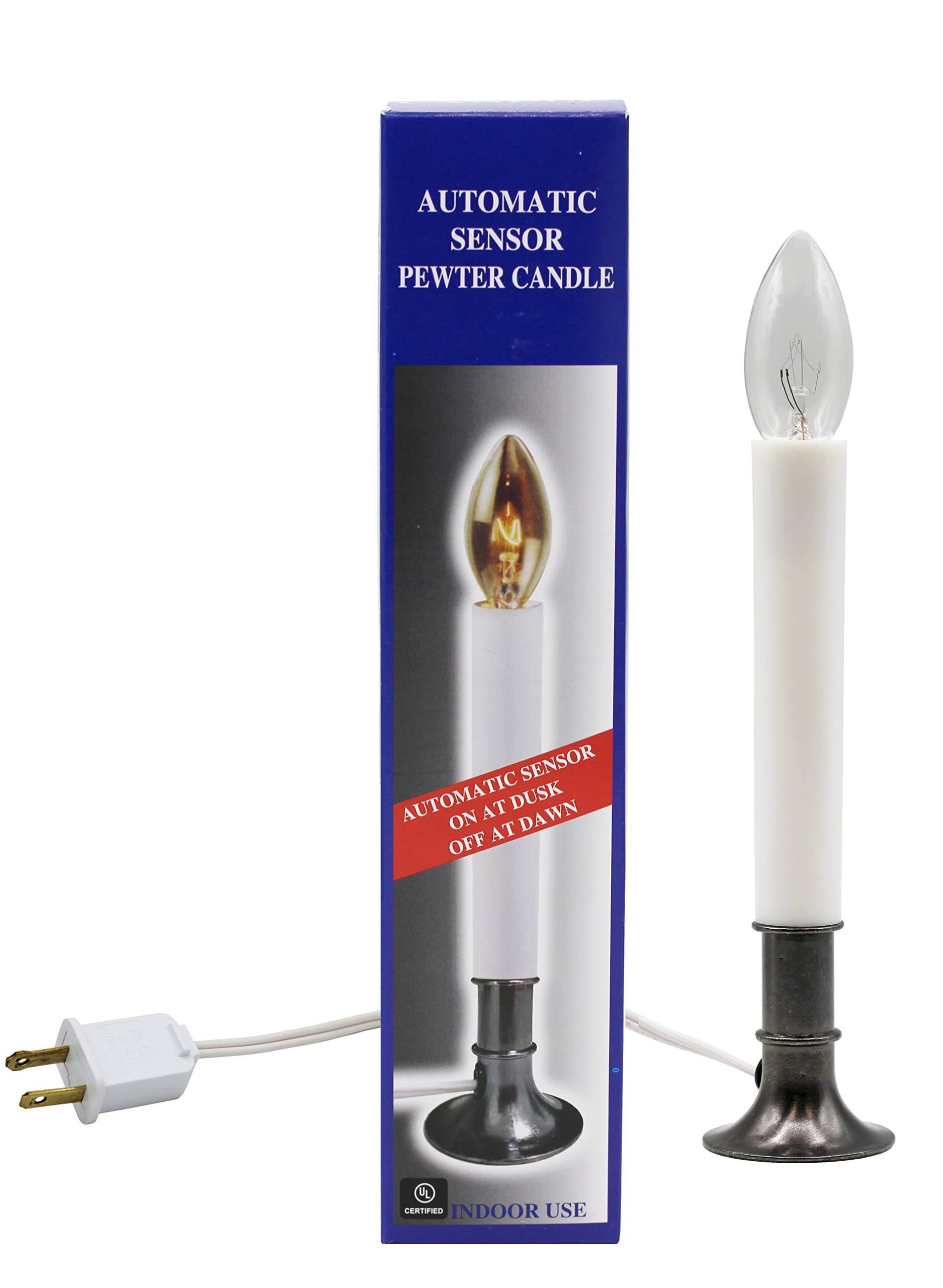 Creative Hobbies Electric Window Candle Lamp with Pewter Plated Base, Dusk to Dawn Sensor Turns Candle on in Dark and Off in Lig