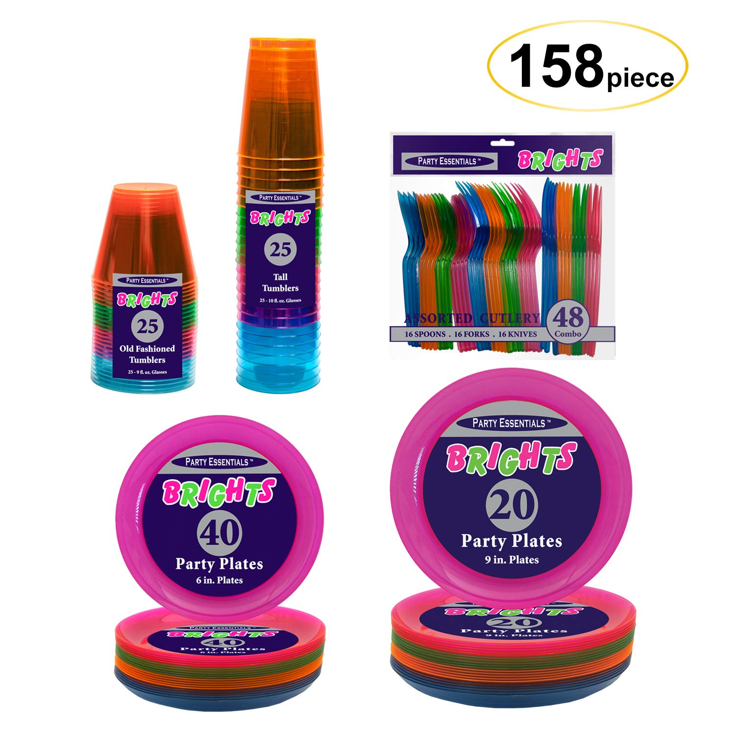 Party Essentials N265298 Party Supplies Set/Blacklight Uv Glow In The Dark Kit, 9'' Plates, 6'' Plates, 10 Oz. Tumblers, 9 Oz. T