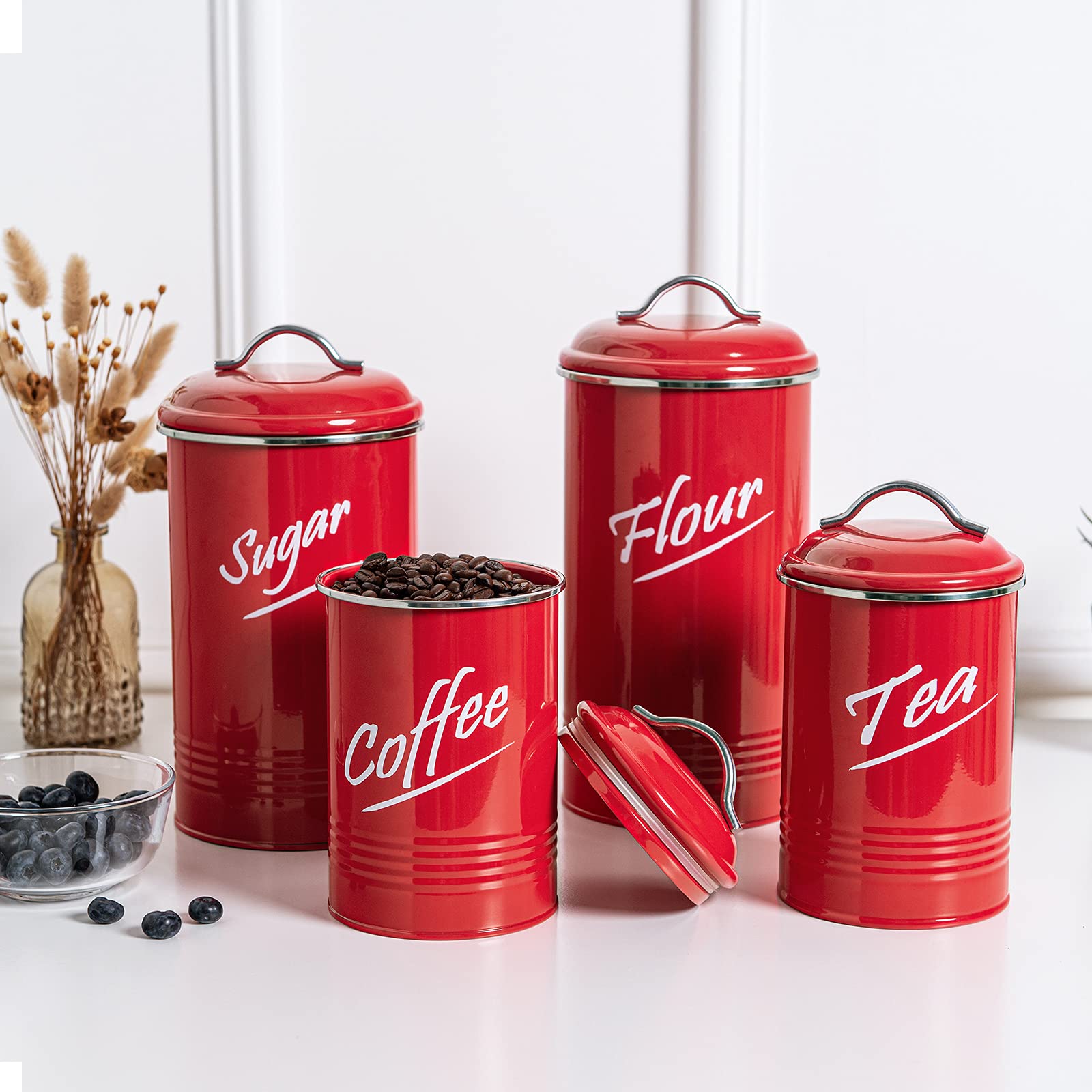 Hillbond Canisters Sets Red Food Storage Canisters Containers: Carbon Steel with Powder Coated Decorative Storage Jars Set of 4 (Red)