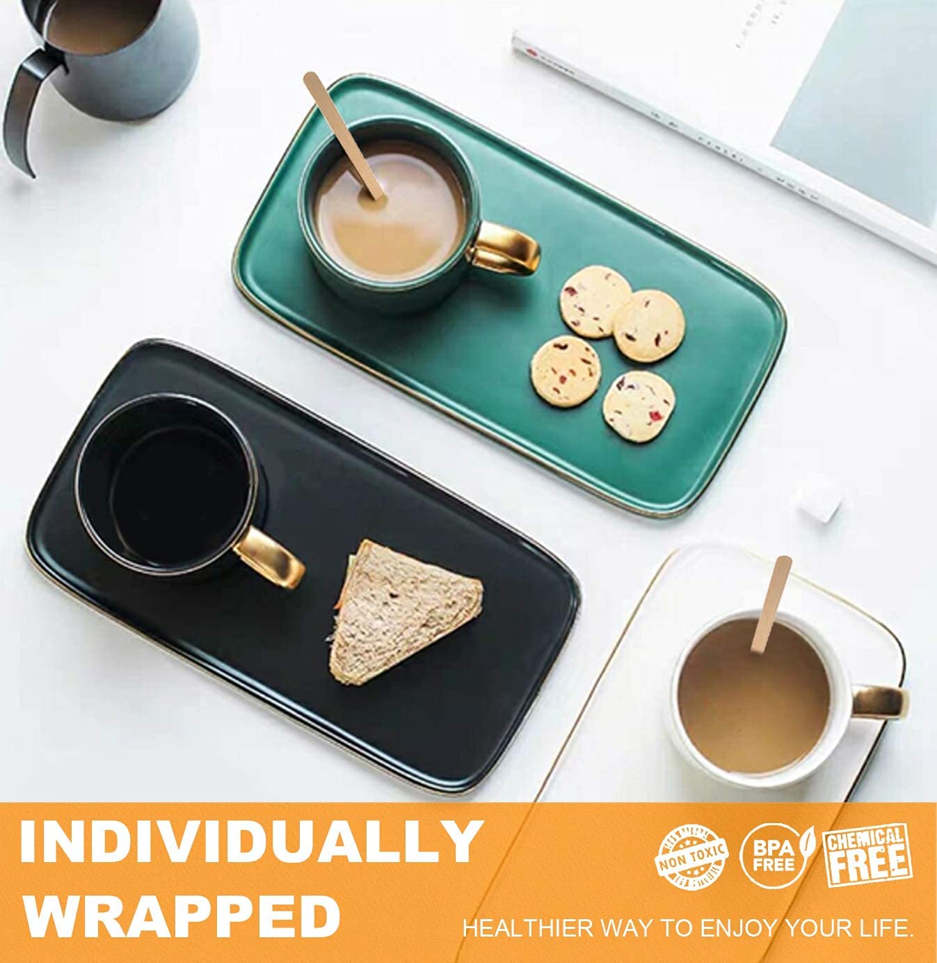 Amkoskr 5  1000Pcs Disposable Wood Coffee Stir Sticks Stirrers Individually Paper Wrapped Coffee Tea Beverage Stirrers Stirrings