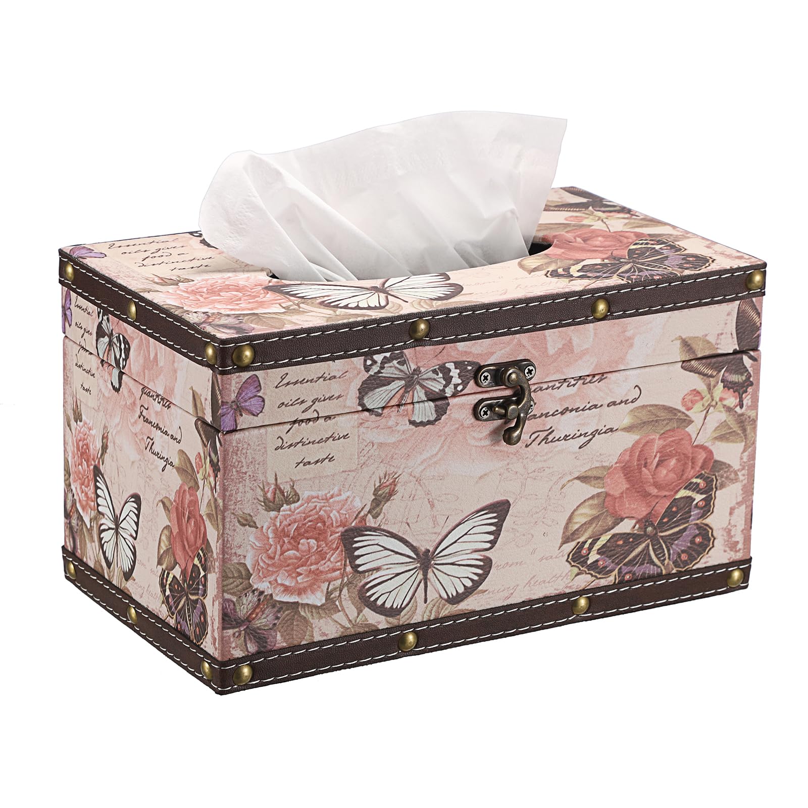 Sumnacon Tissue Box Cover Rectangle Wood Tissue Box With Hinged Lid,Vintage Pu Tissue Box Holder Retro Pink Tissue Cover For Bat