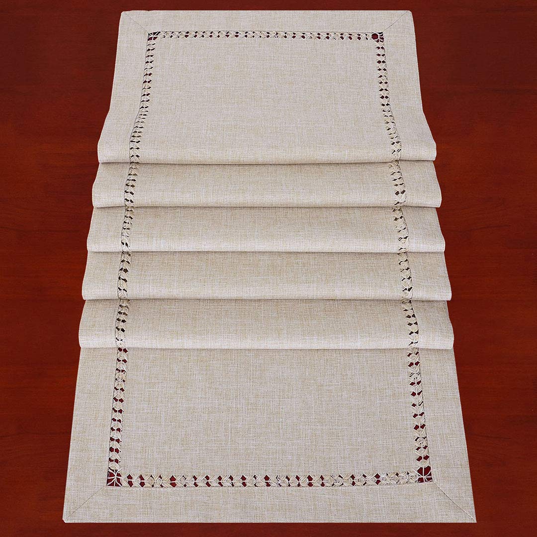 Grelucgo Handmade Hemstitched Polyester Rectangle Table Runners Beige 14x90 inch