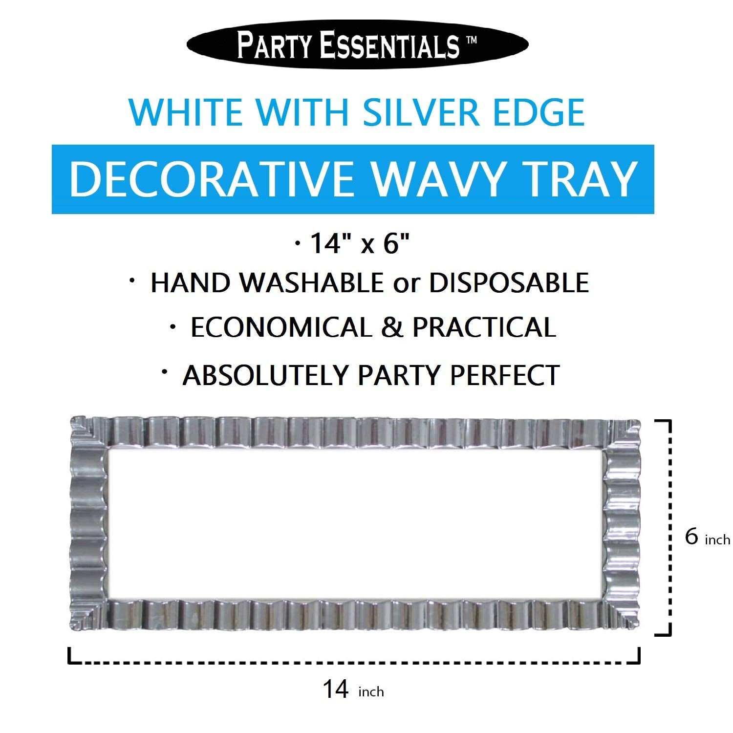 Party Essentials Disposable Hard Plastic Decorative Wavy Trays, 14'' X 6'', White/Silver Edge