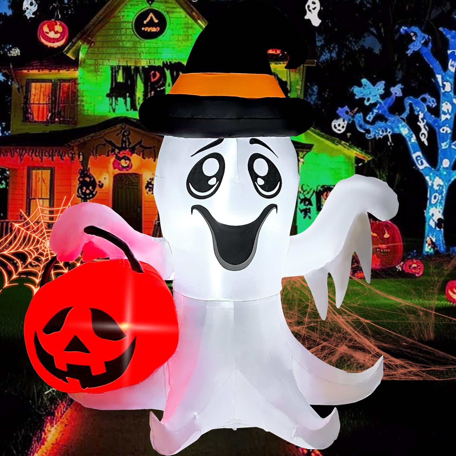 ?2025 Latest Release? Halloween Inflatables Ghost Outdoor Decorations 5FT Ghost Pumpkin Inflatable with Build-in 2 LED Ghost Blo