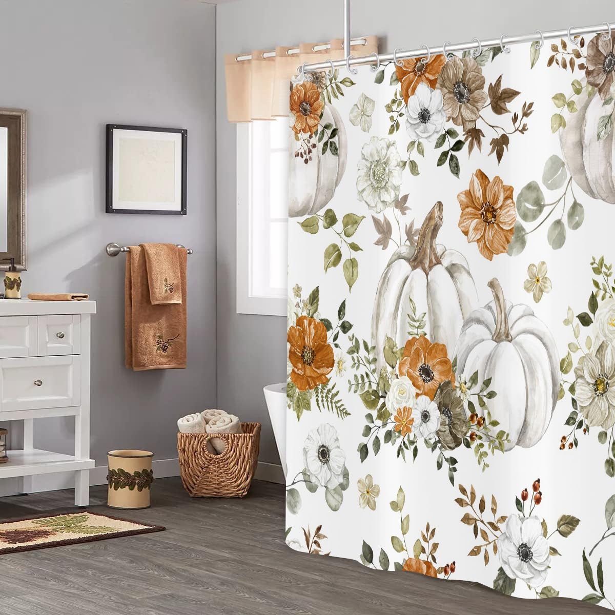 Gcirec Fall Watercolor Pumpkin Shower Curtain, Autumn Thanksgiving Harvest Pumpkins With Floral Bathroom Curtain Bathtub Home De