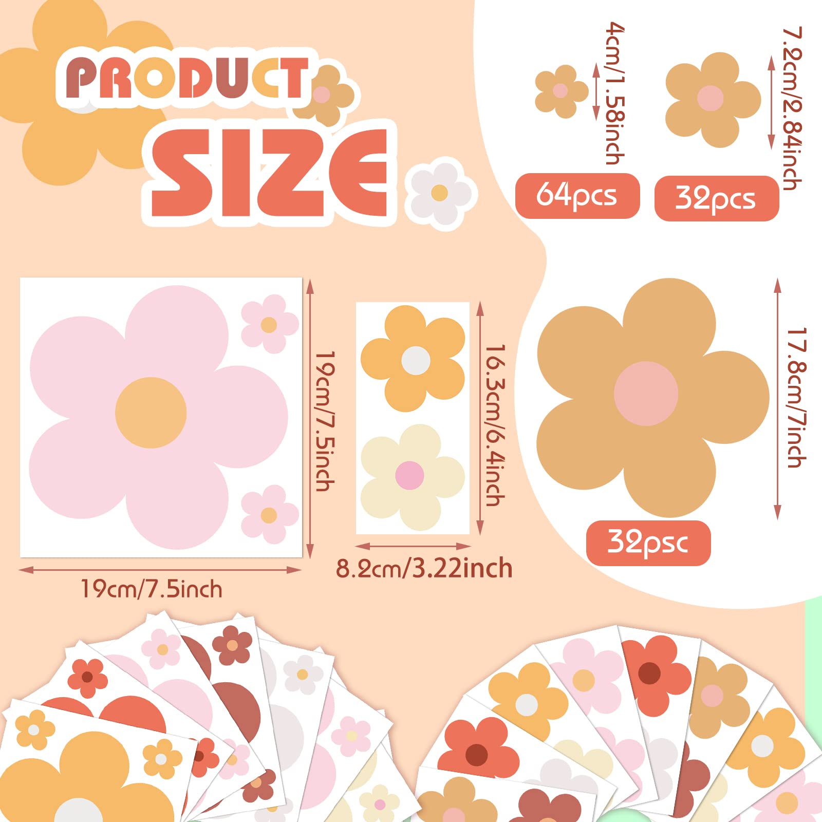 Hotop 128 Pcs Cute Flowers Wall Decal Daisy Wall Stickers Pastel Aesthetic Preppy Hippie Trendy Wall Flowers Wall Decor Colorful