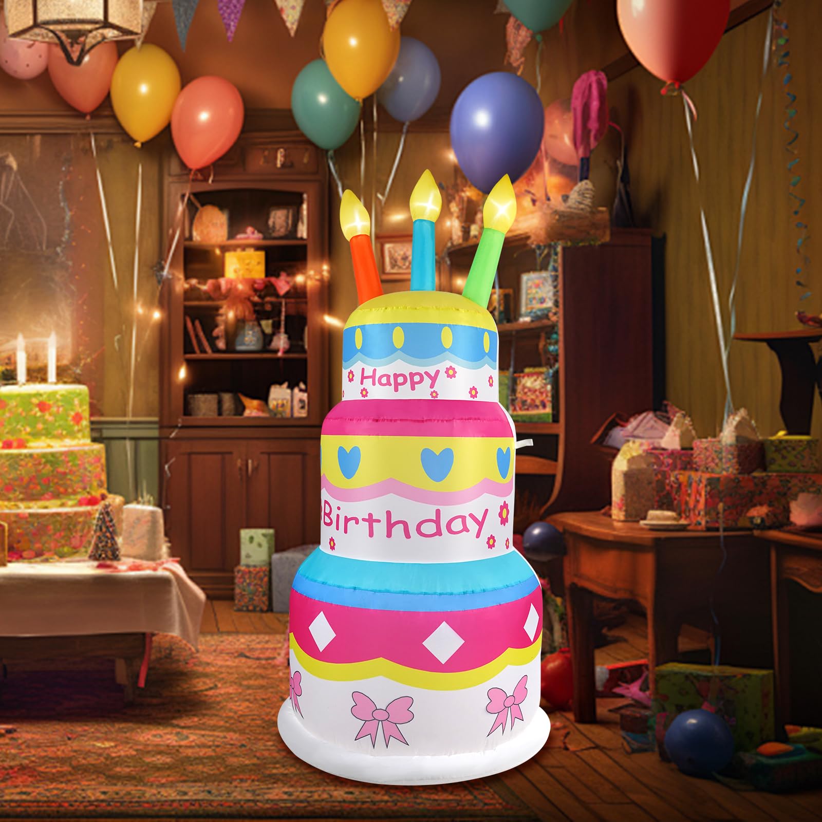 InfleasJoiy 6ft Inflatable Happy Birthday Cake with Candles, Built-in LED Lights, Inflatable Decoration for Indoor and Outdoor Y