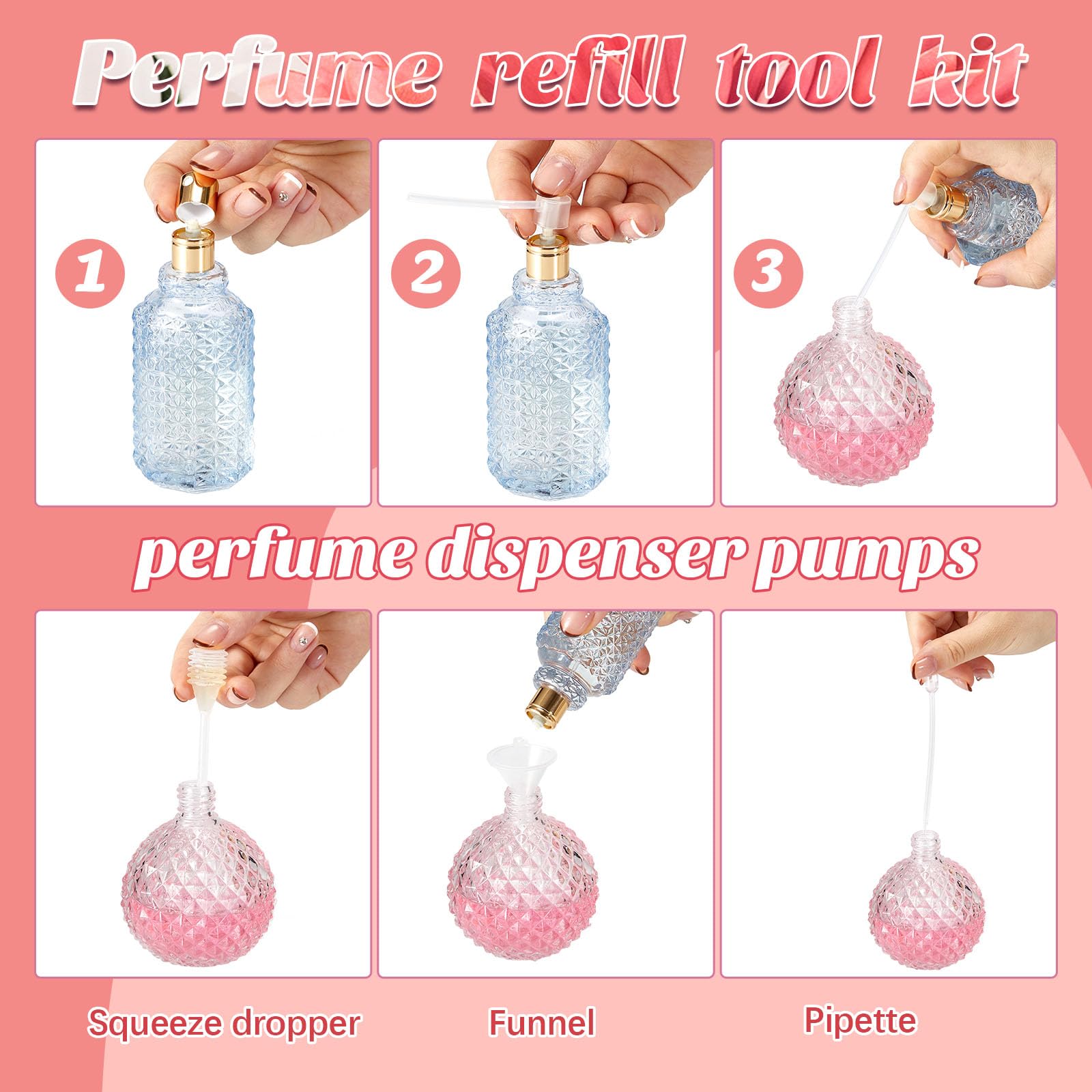 Geiserailie 50 Pcs Perfume Refill Pump Tools Perfume Dispenser Transfer Kit Include Funnels, Dispenser Pumps, Syringes, Droppers