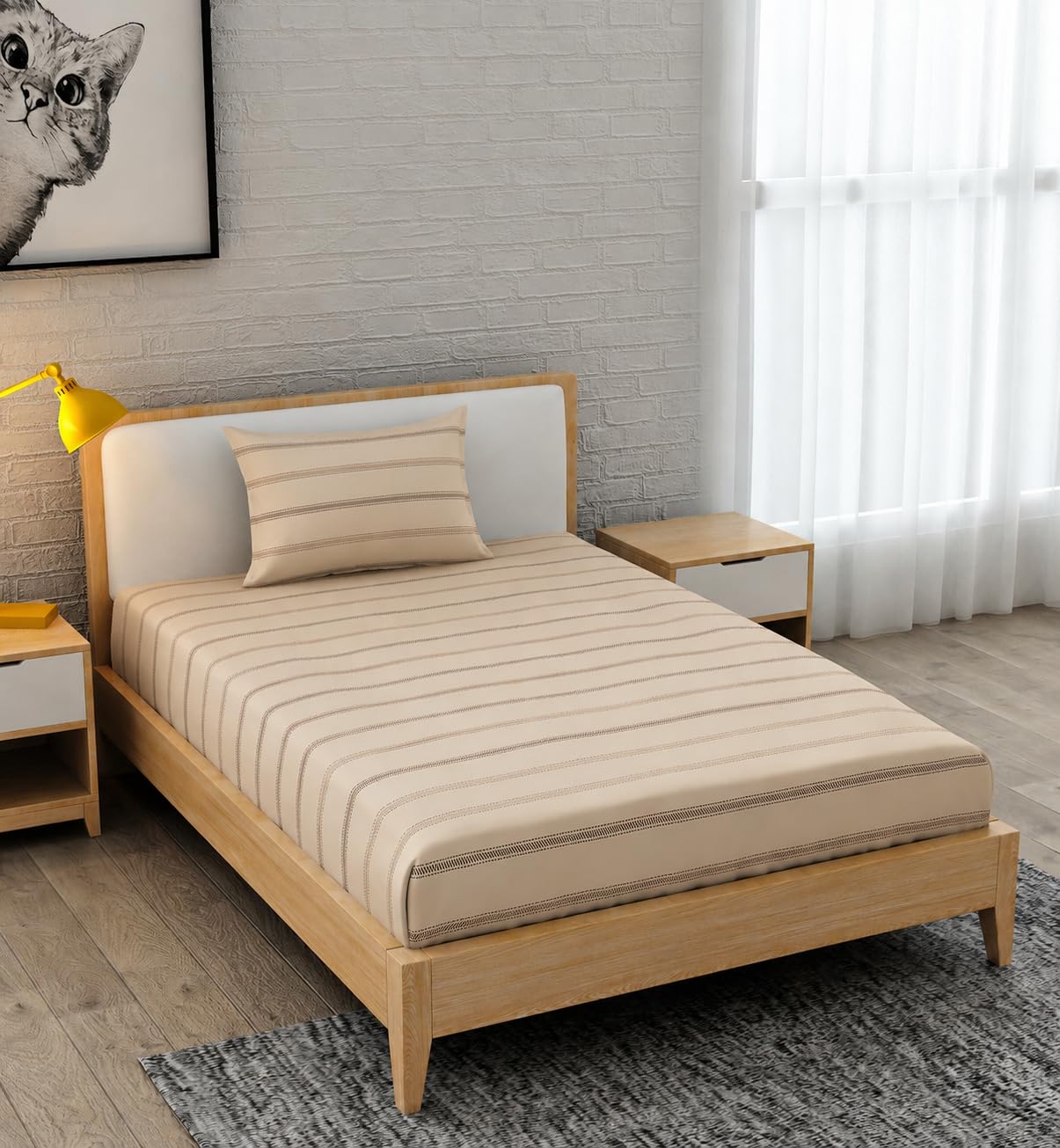 Homefab India 220 TC Microfiber Soft Cotton BedSheet for Single Bed with 1 Pillow Cover  Beige, Stripes