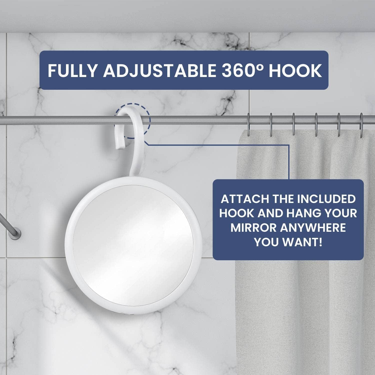 MIRRORVANA Hangable Round Fogless Shower Shaving Mirror with 360? Swivel Rotatable Hook for Hanging and Bonus Anti-Fog Spray - Anti Fog and Shatterproof Surface  6.7 '' Diameter