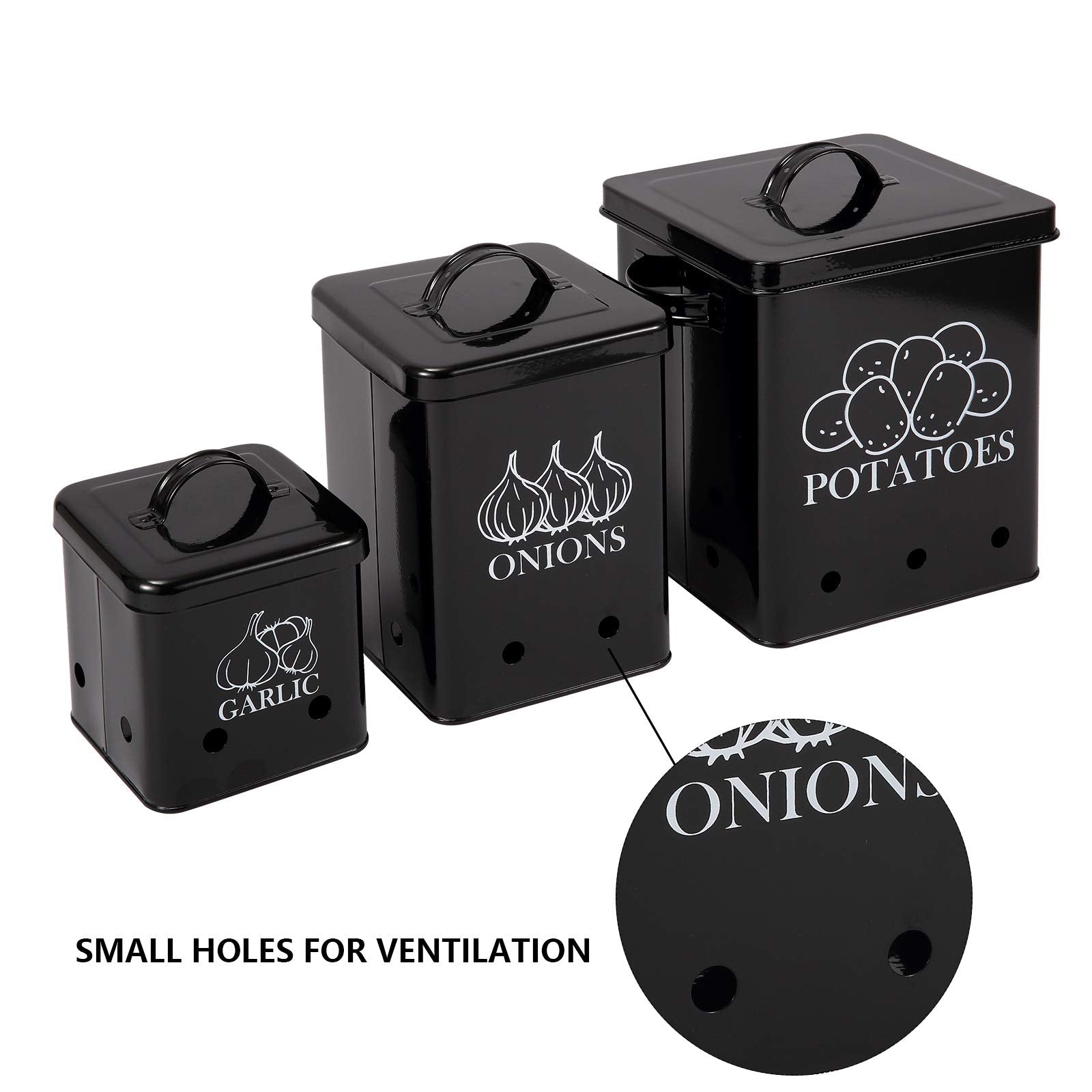 Potato Onion Kitchen Storage Canisters Jars Pots Containers 3 Pack Set - Potatoe, Garlic Bin Caddy, Long Shelf Life With Aeratin