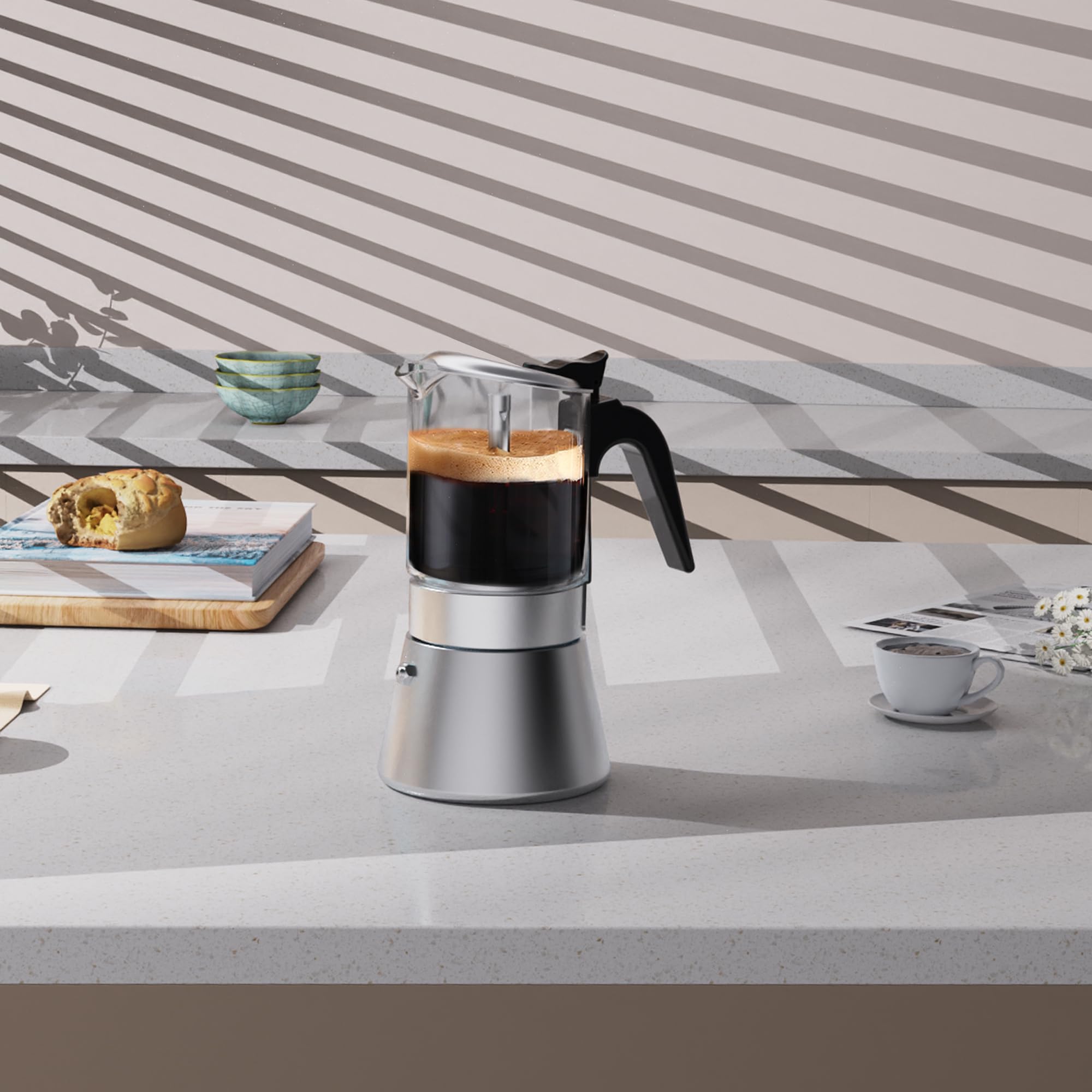SIXAQUAE Moka Induction Espresso Maker, 240ml Stainless Steel Coffee Pot, Crystal Glass-top, Model 735843791777