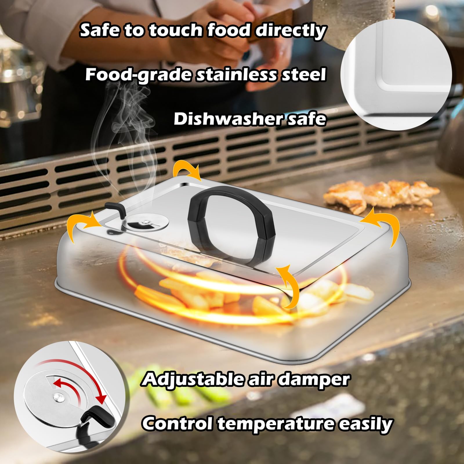 Rectangular Melting Dome 2Pcs, Hasteel 13.3 X 9.8In Stainless Steel Bating Steaming Cover, Heavy Duty Solid Griddle Lid & Grill