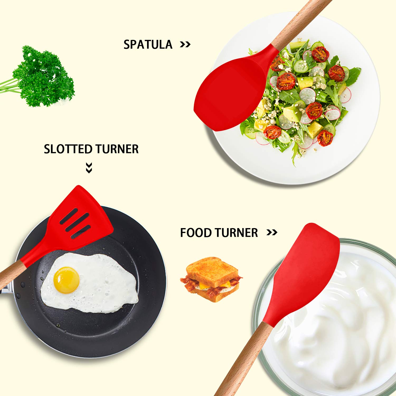 Mibote Silicone Cooking Utensils Kitchen Utensil Set - 446F Heat Resistant,Turner Tongs, Spatula, Spoon, Whisk, Wooden Handle Ki