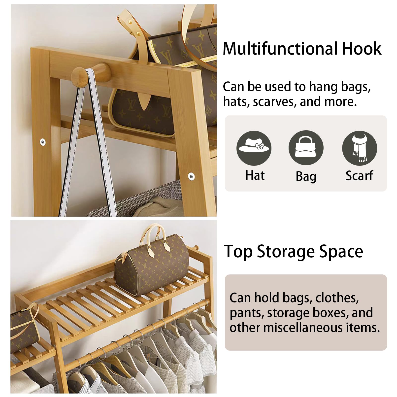 Baveke Bamboo Clothing Garment Rack 7 Tier Storage Shelf Coat Clothes Hanging Rack, Portable Wardrobe Closet Organizer With Top