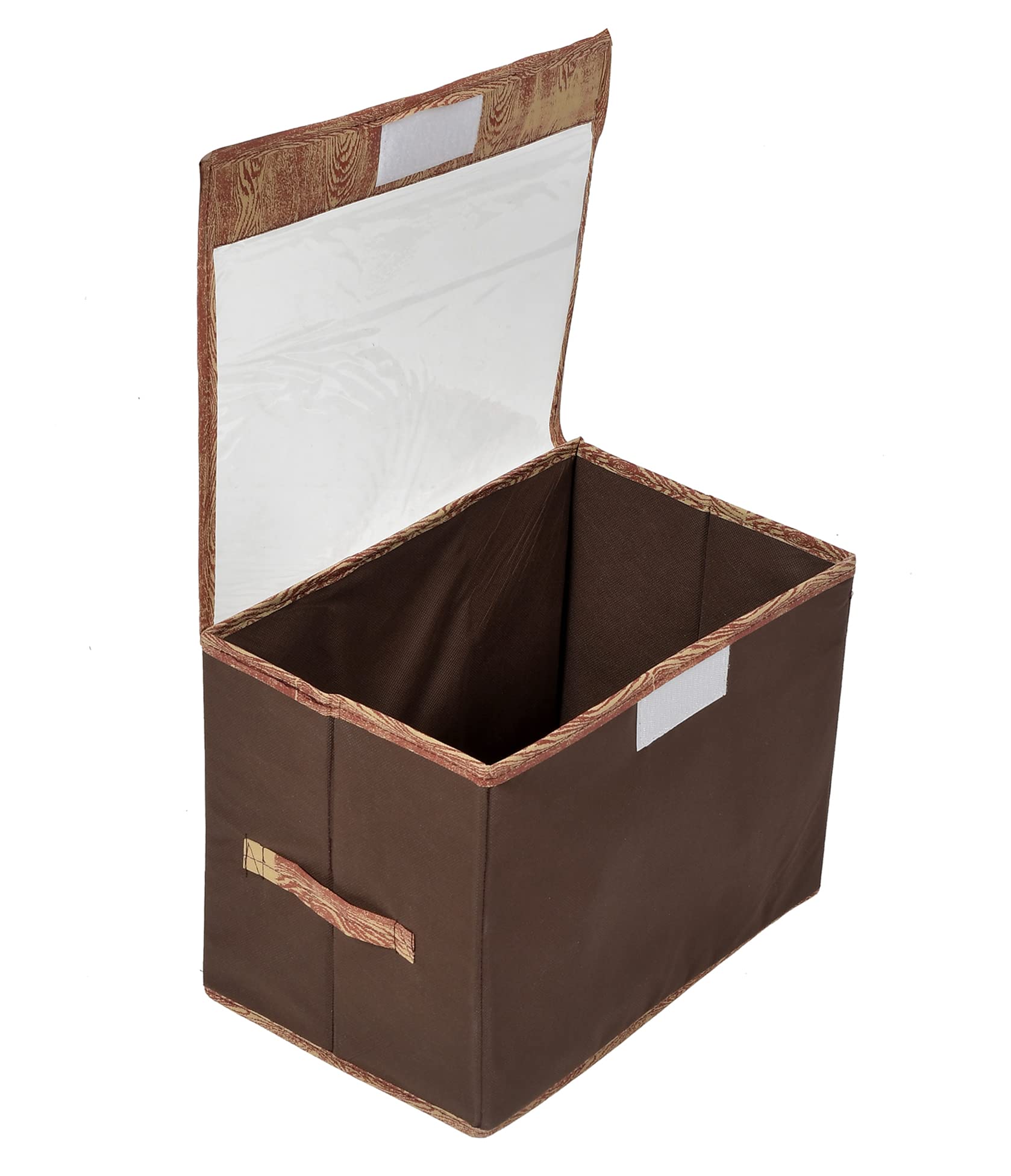 Kuber Industries Wooden Design Foldable Small NonWoven Storage Box|Tranasparent Lid|Durable Handles|Size 35 X 18 X 22 Cm (Brown
