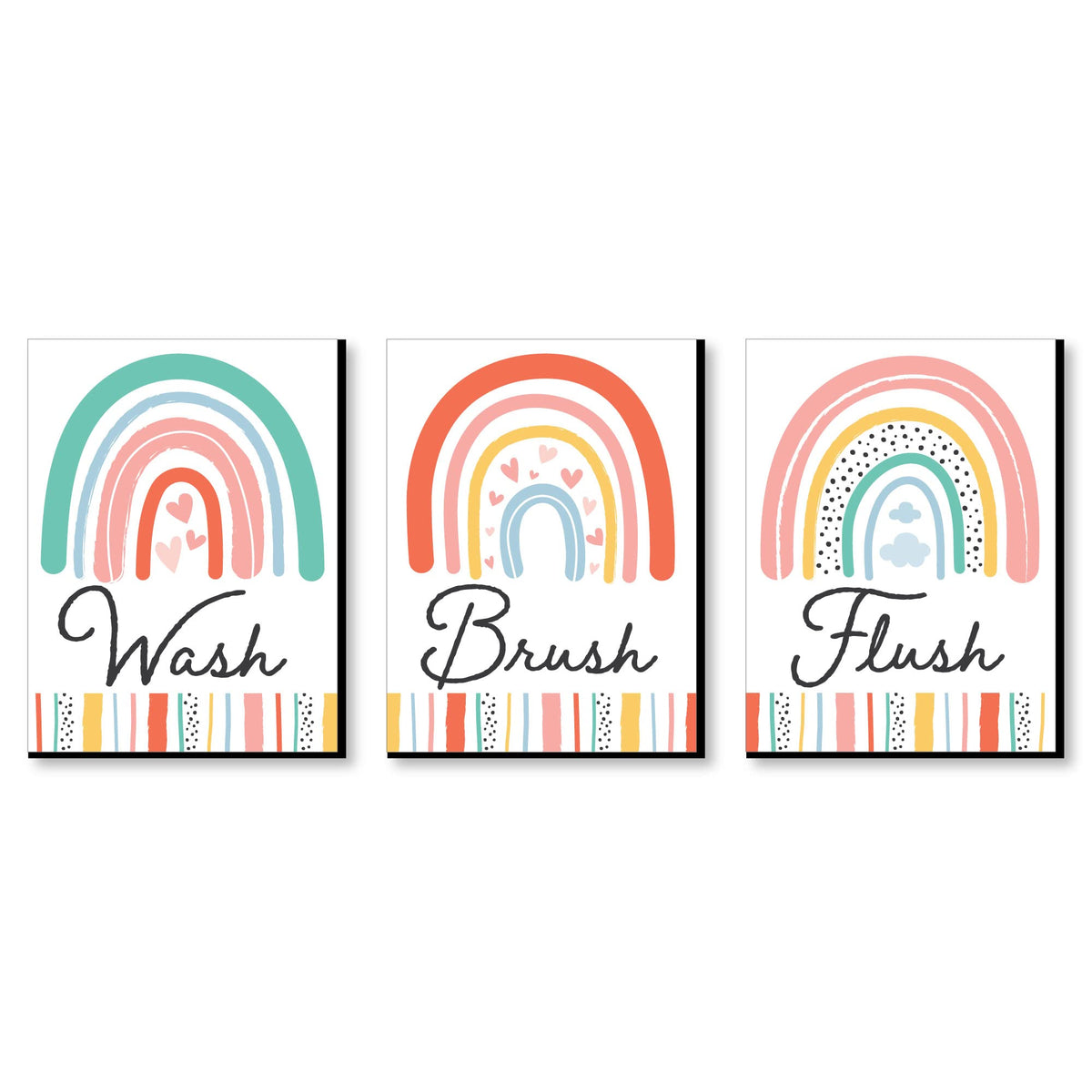 Big Dot Of Happiness Hello Rainbow - Boho Kids Bathroom Rules Wall Art - 7.5 X 10 Inches - Set Of 3 Signs - Wash, Brush, Flush
