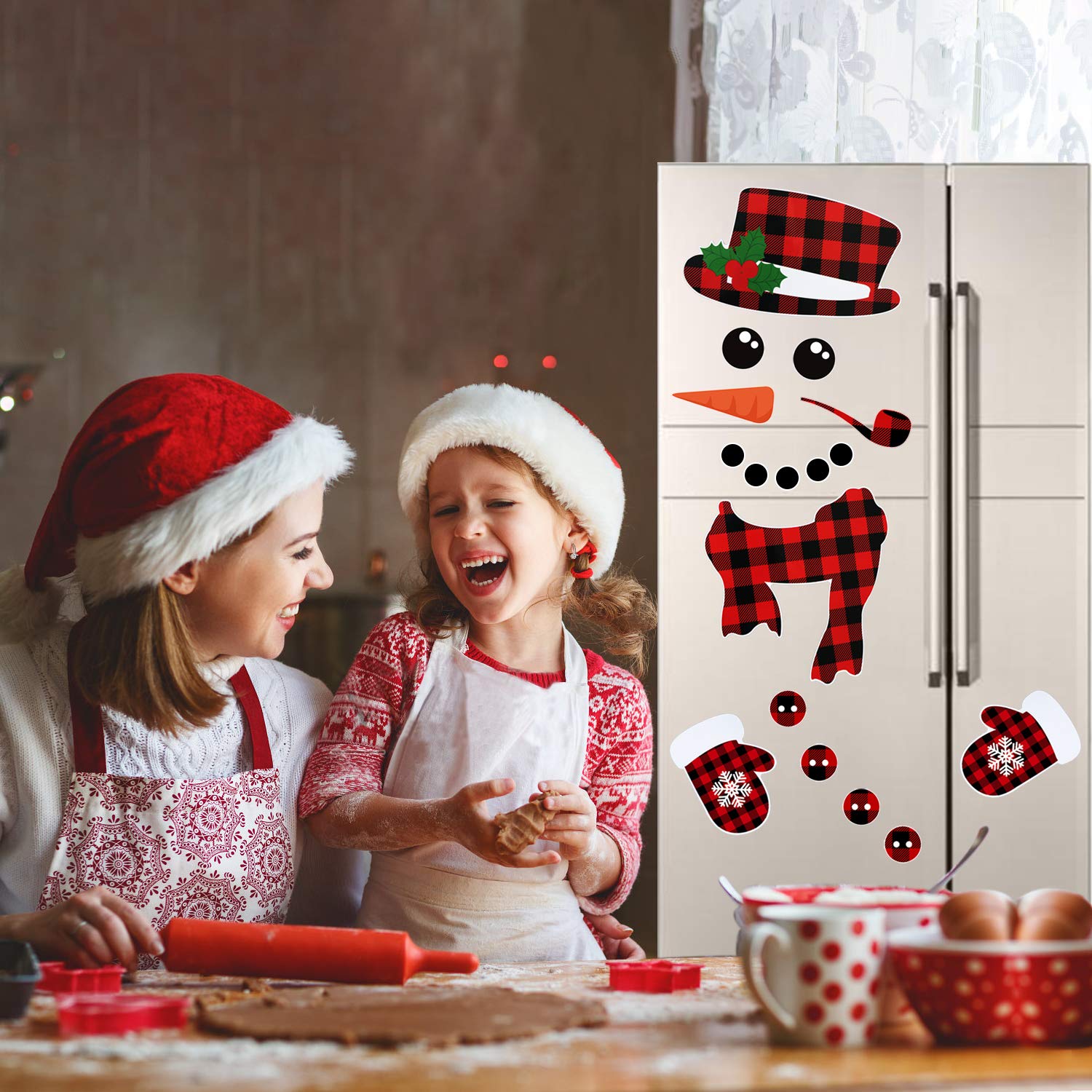 17Pcs Snowman Refrigerator Magnets  Christmas Decorations  Large Red Black Buffalo Plaid Fridge Magnet Stickers  Xmas Holiday Decorations for Fridge  Metal Door  Cabinets  Garage Door