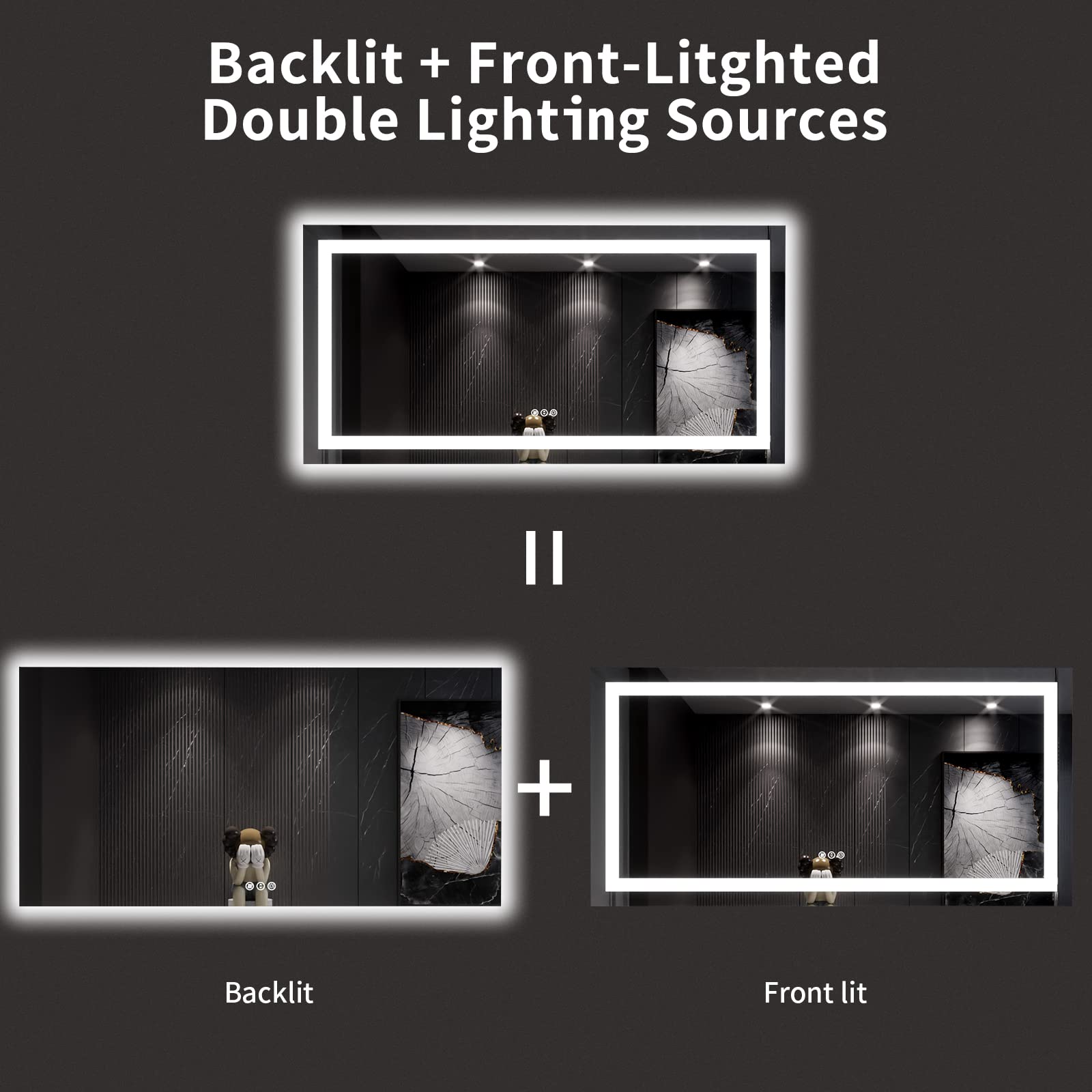 Loaao 60X30 Led Bathroom Mirror With Lights, Anti-Fog, Dimmable, Backlit + Front Lit, Lighted Bathroom Vanity Mirror For Wall, M