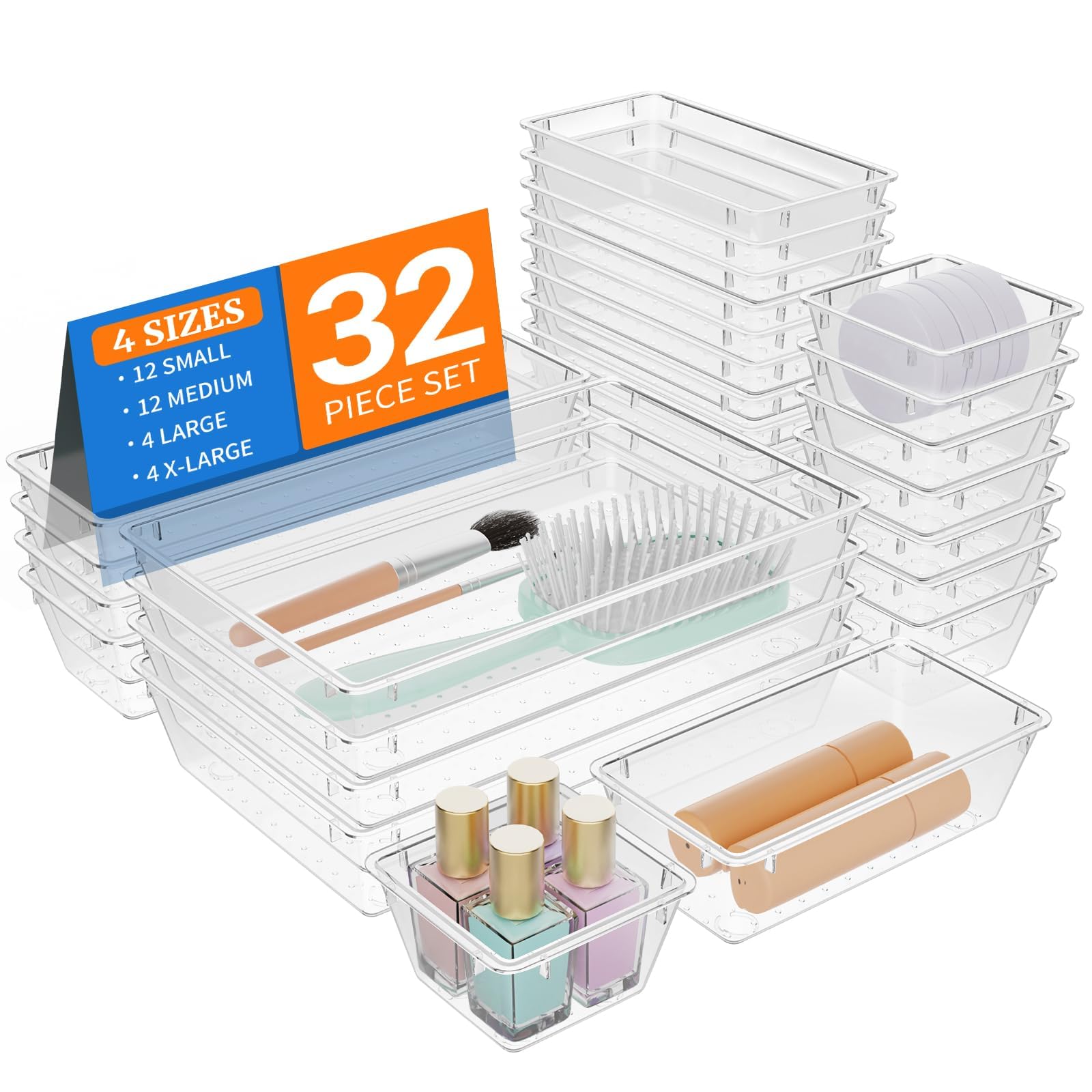 StorMiracle 32 PCS Clear Plastic Drawer Organizer Set, 4-Size vanity organizer Trays and Storage Bins for Makeup, Jewelry and Ga
