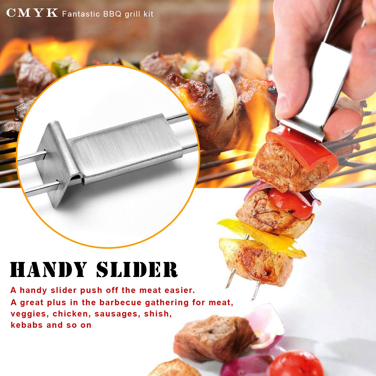 Barbecue Skewers  CMYK 6-Pack 13'' Stainless Steel Grilling Skewers with Slider  Reusable Metal BBQ Shish Kabob Skewers Sticks