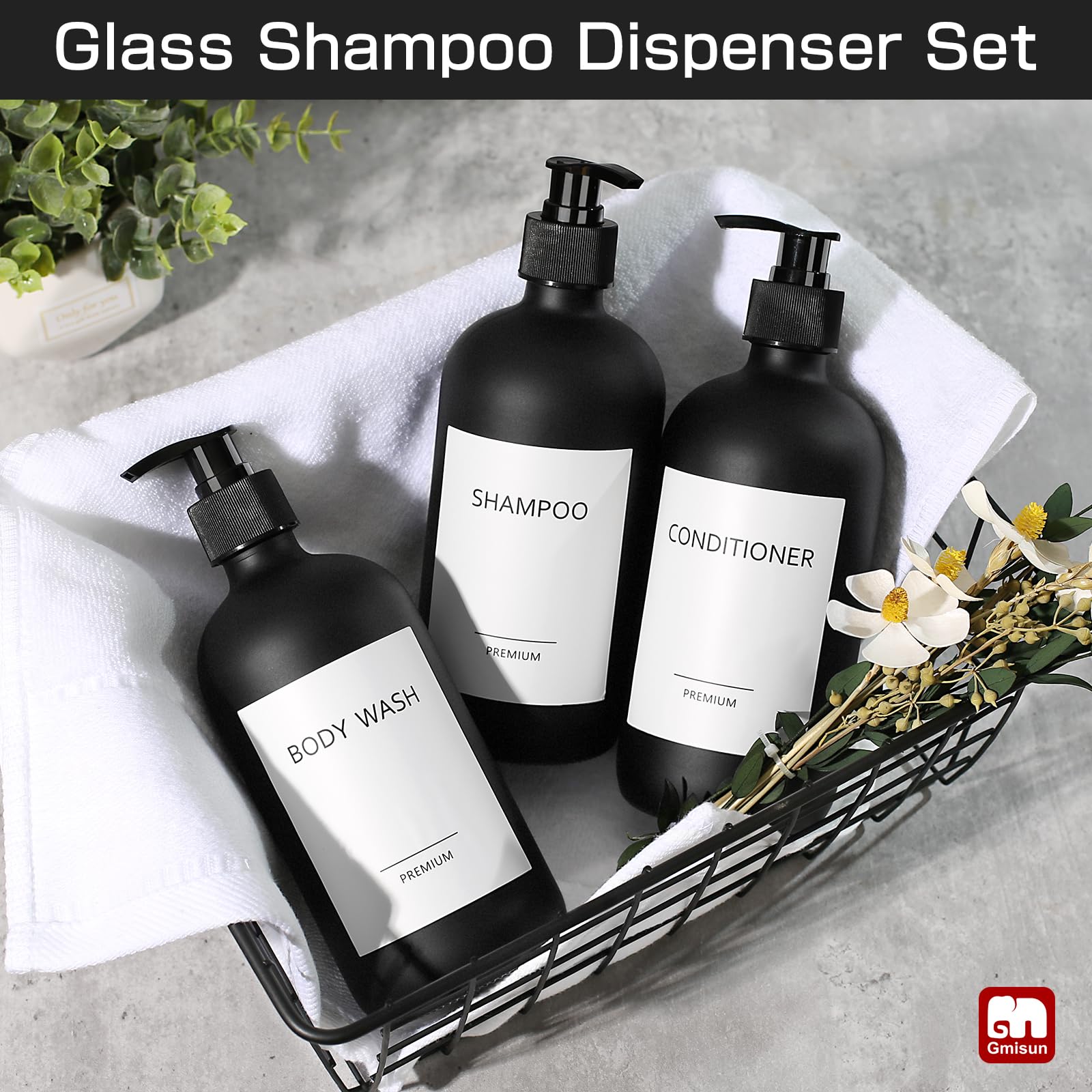 Gmisun Glass Refillable Shampoo And Conditioner Bottles, Shampoo And Conditioner Dispenser, Body Wash Dispenser For Shower, Empt