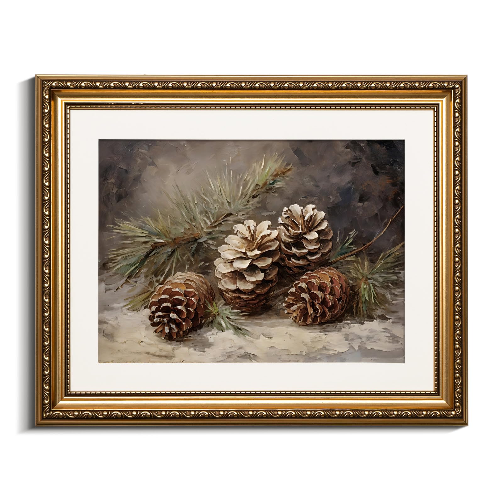 VIYYIEA Gold Framed Canvas Wall Art, Vintage Christmas Decor, Living Room Pinecone Picture, Cottagecore Winter Decor for Bedroom