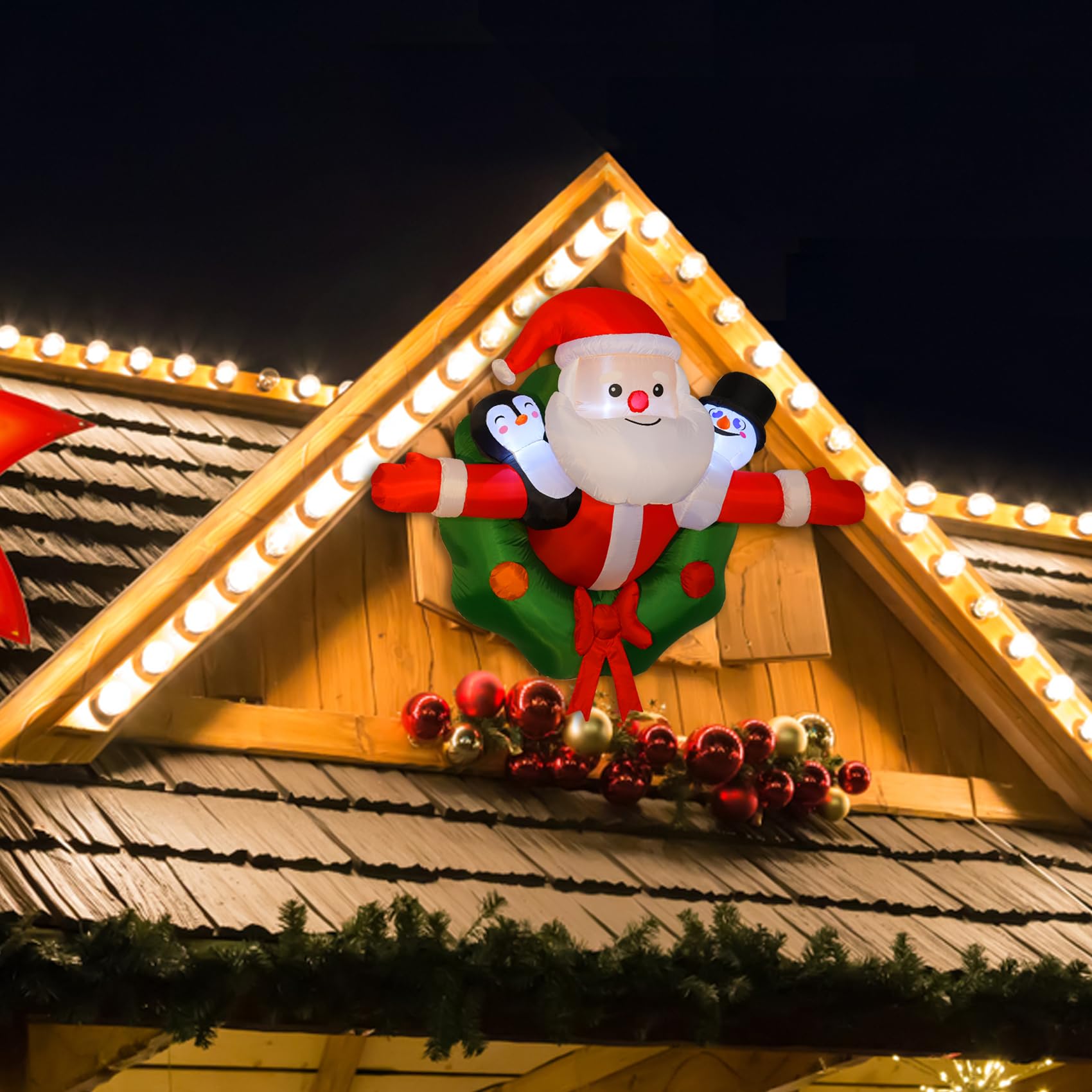 5FT Christmas Inflatables Festive Wreath with Santa Penguin Snowman Outdoor Window Decorations Christmas Blow ups Hanging Santa