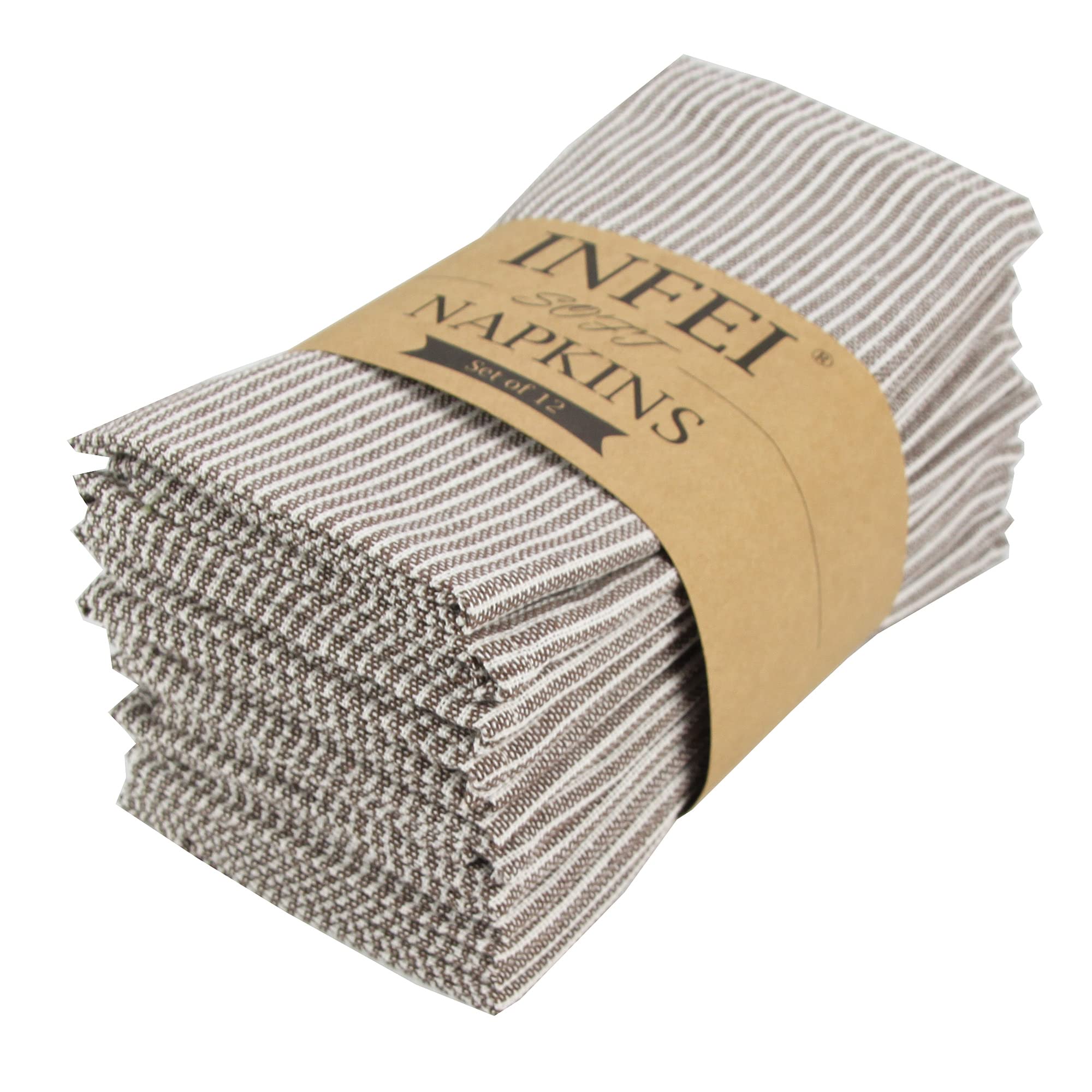 Infei Narrow Striped Cotton Linen Blended Dinner Cloth Napkins - Set Of 12 (40 X 40 Cm) - For Events & Home Use (Brown)