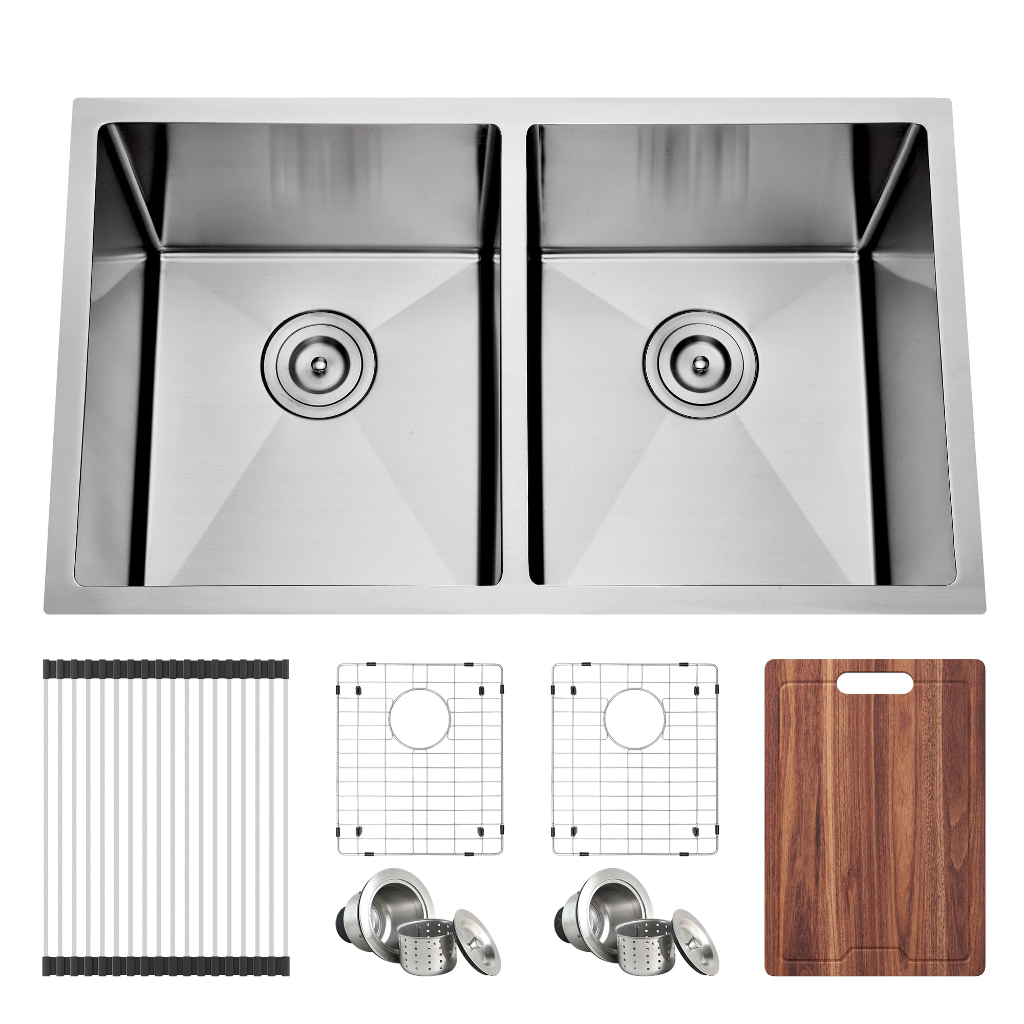 Blenzia 32 Inch Double Bowl Kitchen Sink Stainless Steel 16 Gauge Undermount Kitchen Sink 50/50 Equal Deep Sinks Strainer Is Inc