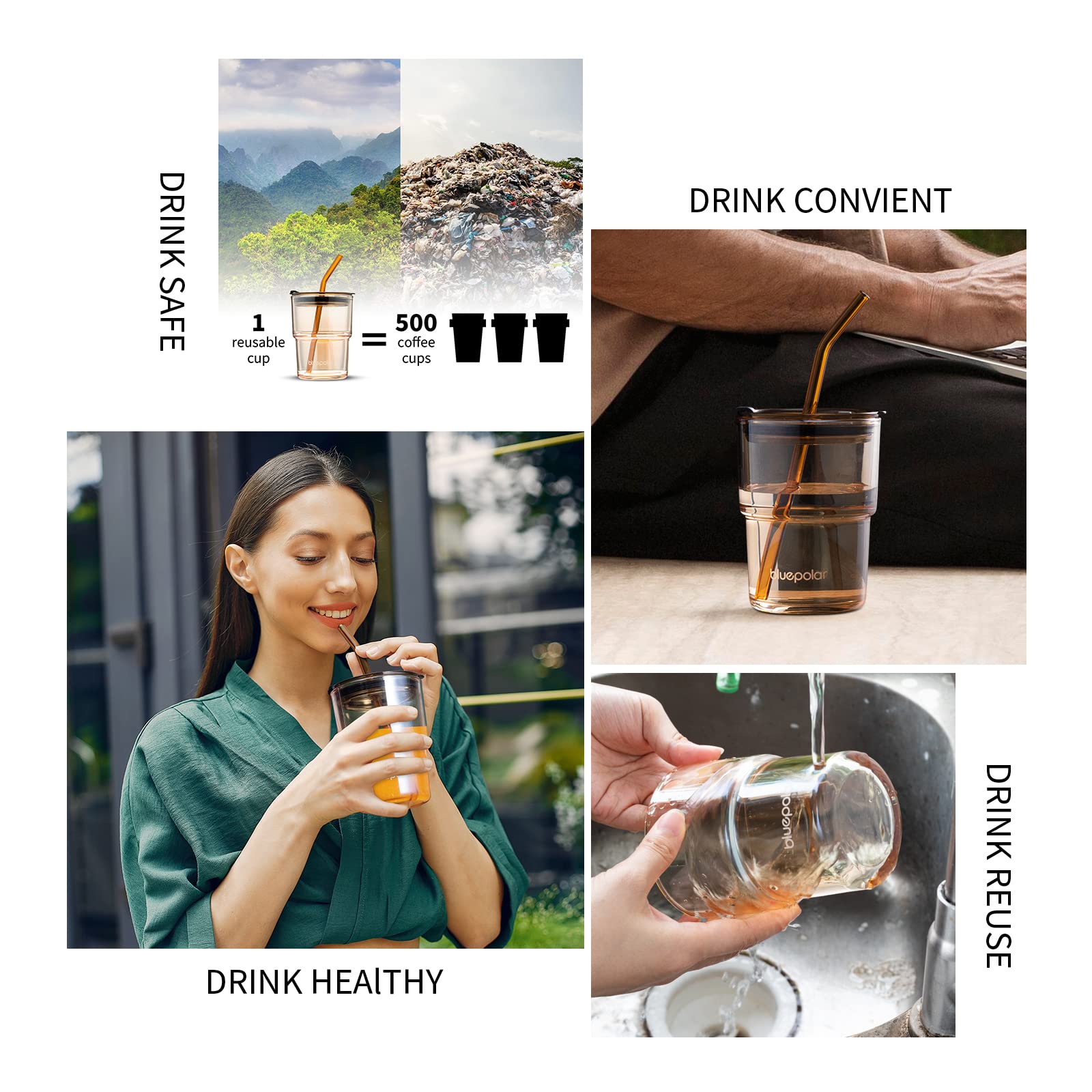 Bluepolar 13Oz/400Ml Glass Water Tumbler With Straw And Lid Sealed Carry On Thick Wall Iced Coffee Cup Glass Cup For Water, Iced