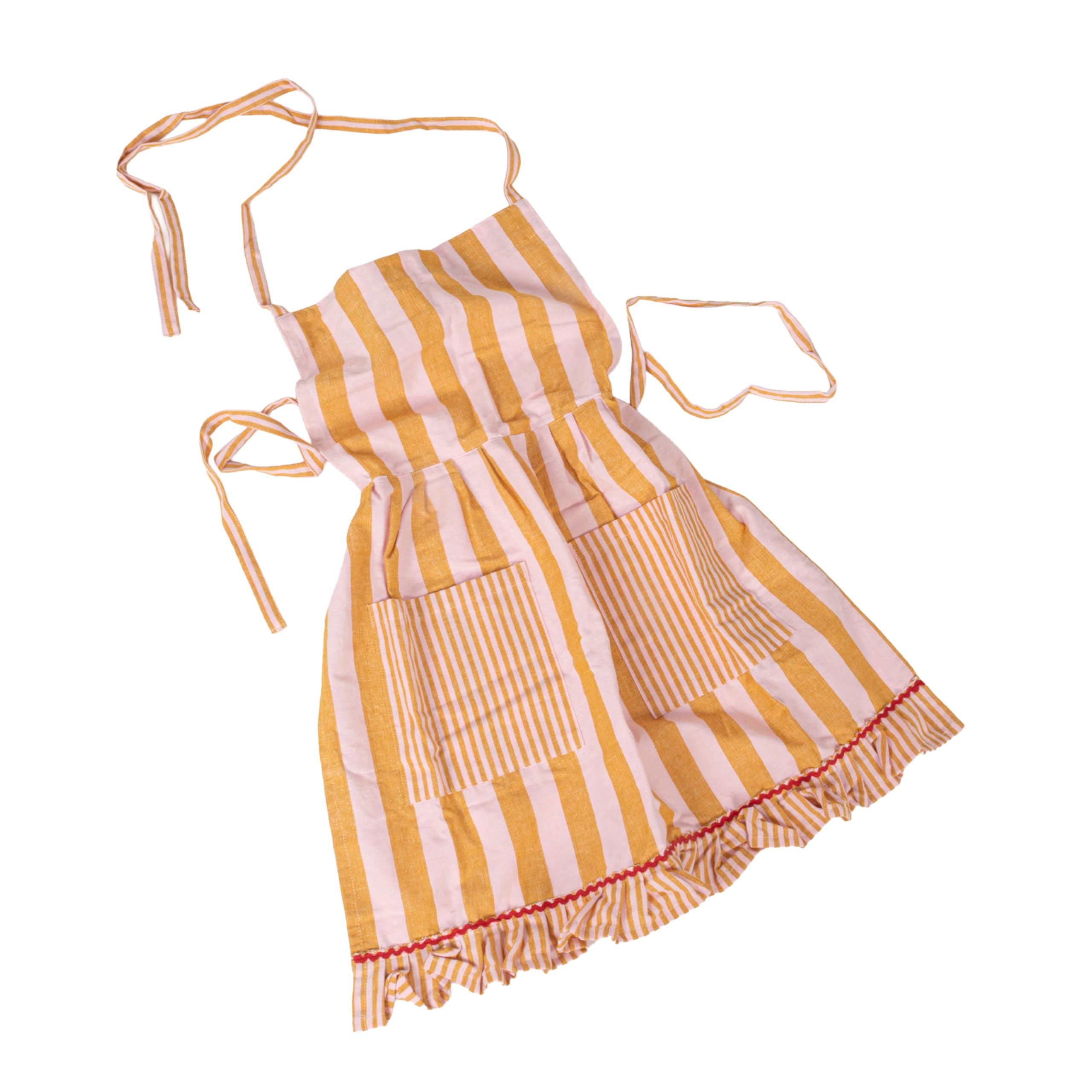 Creative Co-Op Woven Cotton Striped Apron with Ruffle, Pockets & Ric Rac Trim, Mustard & Pink