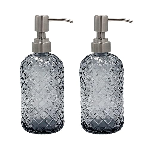 16 Oz Soap Dispenser with 304 Rustproof Stainless Steel Pump  Kitchen  Bathroom Soap Dispenser  Refillable Liquid Glass Soap Dispenser for Hand Soap  Soap  Lotion. (Grey-2pack)