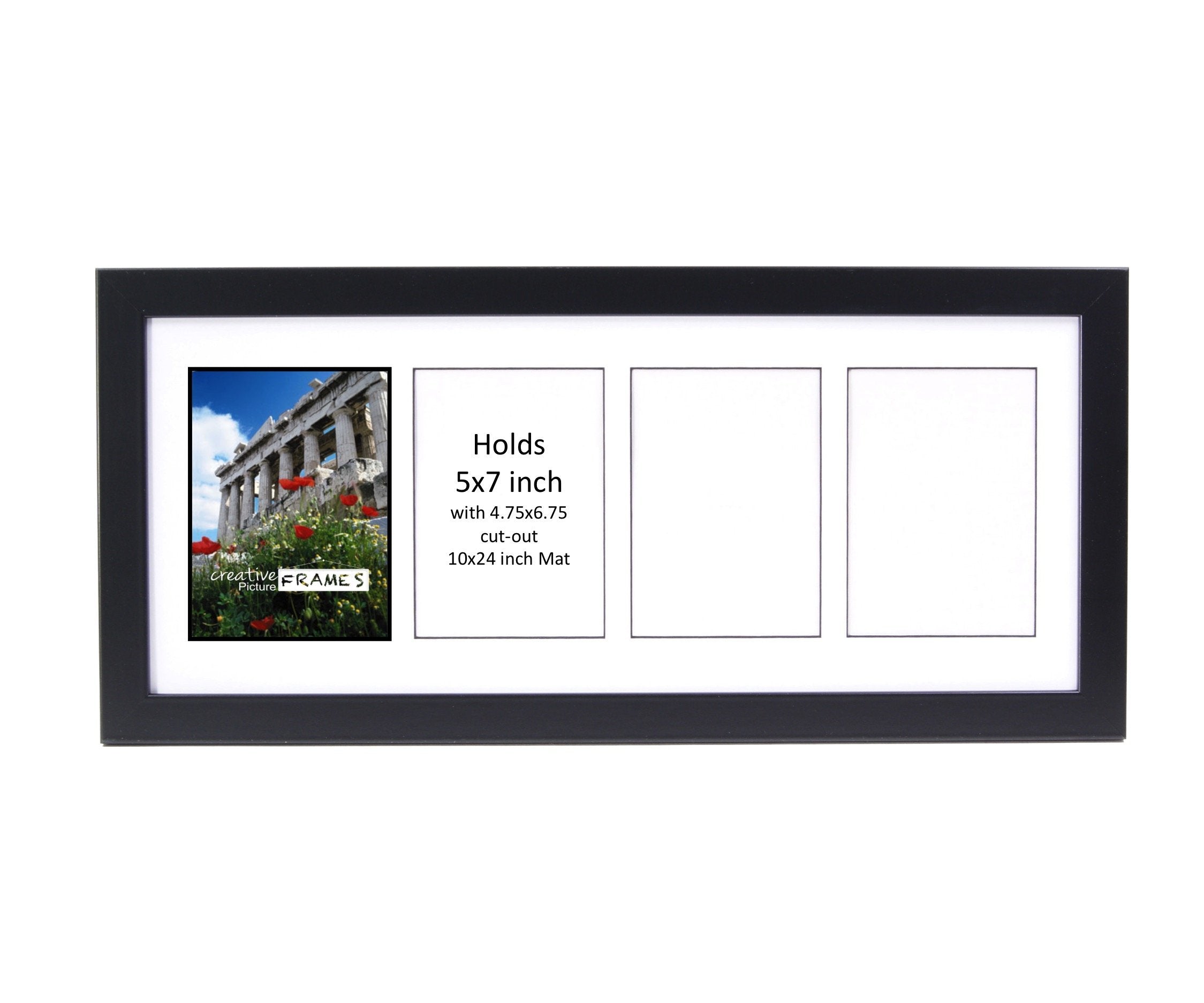CreativePF- 4 Opening Glass Face Black Picture Frame to hold 5 by 7 inch Photographs including 10x24-inch White Mat Collage
