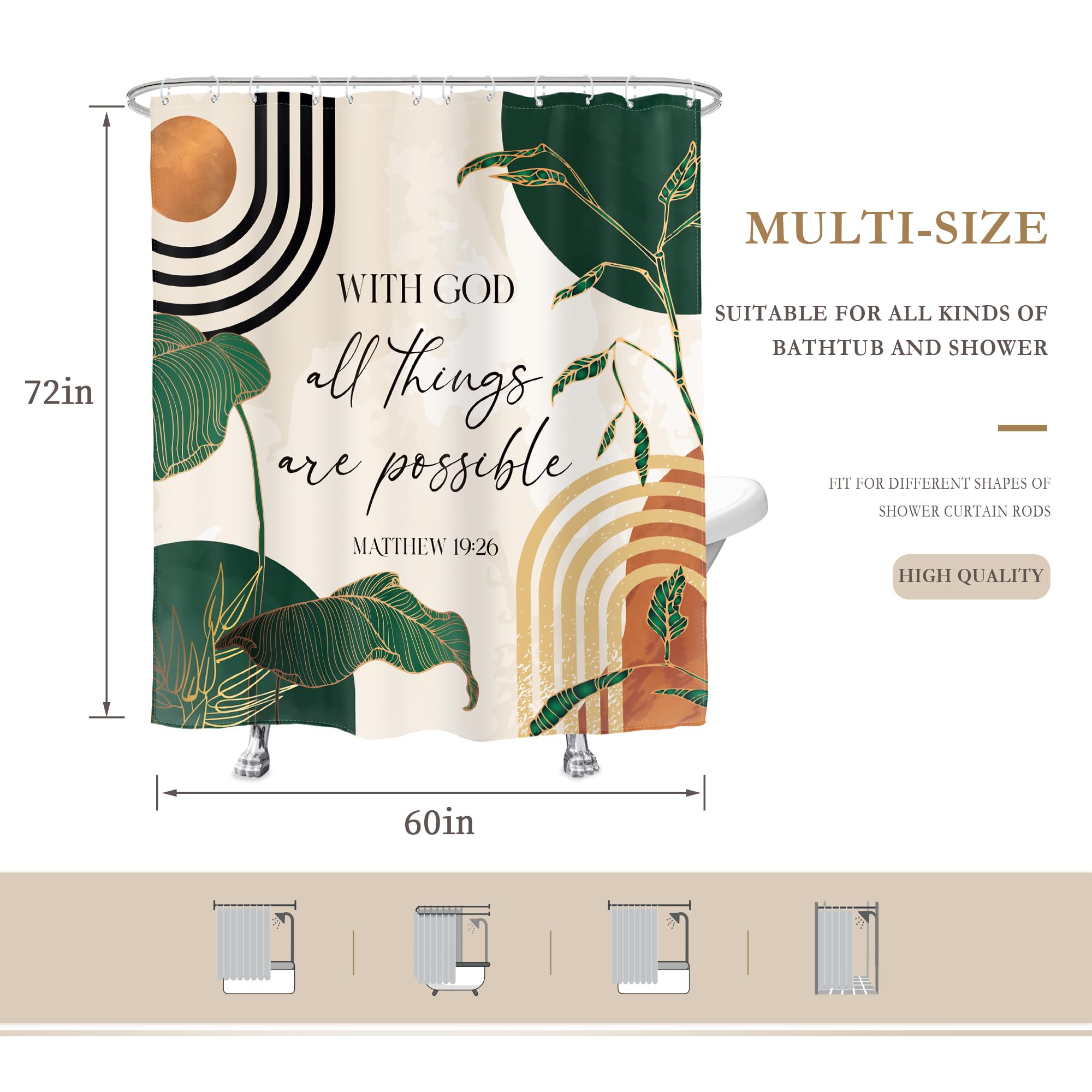 Glawry Green Boho Bible Verse Shower Curtain Christian Scripture Inspirational Quotes Abstract Tropical Palm Bathroom Mid Centur